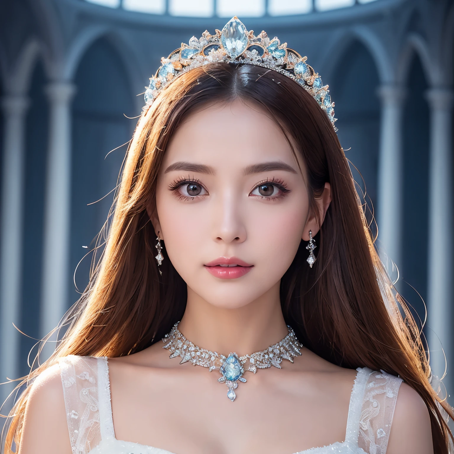 ((highest quality、table top、8K、best image quality、extremely complex and detailed depiction))、one snow princess、(Snow Maiden in the most luxurious palace made of ice:1.1)、(The most elaborate and luxurious sparkling ice palace cathedral:1.2)、(Inside the most fantastic giant palace made of ice:1.2)、(The most fantastic cathedral made of intricate glowing ice:1.2)、(beautiful transparent ice:1.1)、The background is a detailed ice palace、beautiful domed ceiling、(A palace made of intricately shining transparent ice:1.2)、(Elegant palace columns made of ice and crystal:1.05)、(Symmetrical composition when viewed from the front:1.2)、jeweled palace、Inside the symmetrical palace、(very romantic:1.05)、sacred and mysterious palace、(Filled with fantastic light blue light:1.1)、Beautiful shining crystal、The most luxurious and highest quality giant tiara、The most luxurious and highest quality giant necklace、[big breasts]、(skin as white as snow:1.05)、glowing skin、(A glittering silver-white jeweled dress of the highest quality:1.1)、Elegant and beautiful pure white snow dress、elegant decoration、Diamond Decoration、artistic decoration、Luxury beyond imagination、the most luxurious decoration in the world、pure white makeup、Dresses that shine in silver、jewelry embellishments、Luxury beyond imagination、the most luxurious decoration in the world、Diamond dust、The most realistic and complex backgrounds、Highly detailed and realistic background、the best smile when you look at me、(beautiful snow is falling:1.05)、(close up of princess:1.2)、(blurred background:1.1)、(mysterious fairy tale fog:1.15)、beautiful silver light blue hair、amazing movie lighting effects、Natural forehead、Complex and detailed background、the most delicate shine、Backgrounds with depth、low contrast、(Surrounded by a fantastic soft light:1.1)