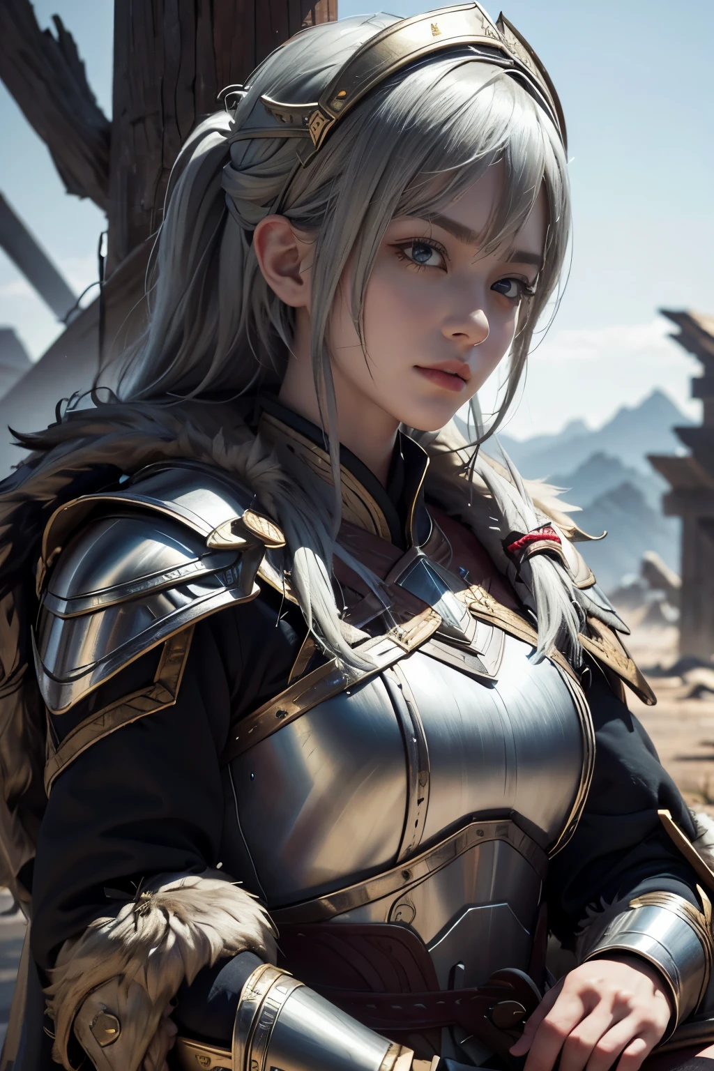 Game art，The best picture quality，Highest resolution，8K，(A bust photograph)，(Portrait)，(Head close-up:1.5)，(Rule of thirds)，Unreal Engine 5 rendering works， (The Girl of the Future)，(Female Warrior)， 
20岁少女，((Hunter))，An eye rich in detail，(Big breasts)，优雅高贵，冷漠，勇敢的，
（Medieval-style fur combat clothing，Glowing magic lines，Animal skin clothing with rich details），Medieval Lady Knight，Medieval ranger，
拍照姿势，简单背景，Movie lights，Ray tracing，Game CG，((3D Unreal Engine))，oc渲染反射纹