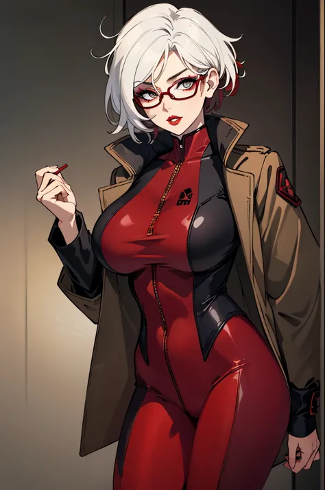 Rogue,  Xtreme, short hair, large breasts, cowboy shot, red bodysuit, jacket, parted lips, glasses, lips, makeup, sunglasses,  l...