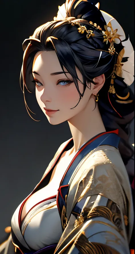 Beautiful flirtatiously smiling Asian, a very busty ronin wearing gold lace kimono, Meiji restoration, blue eyes, yojimbo, cleav...