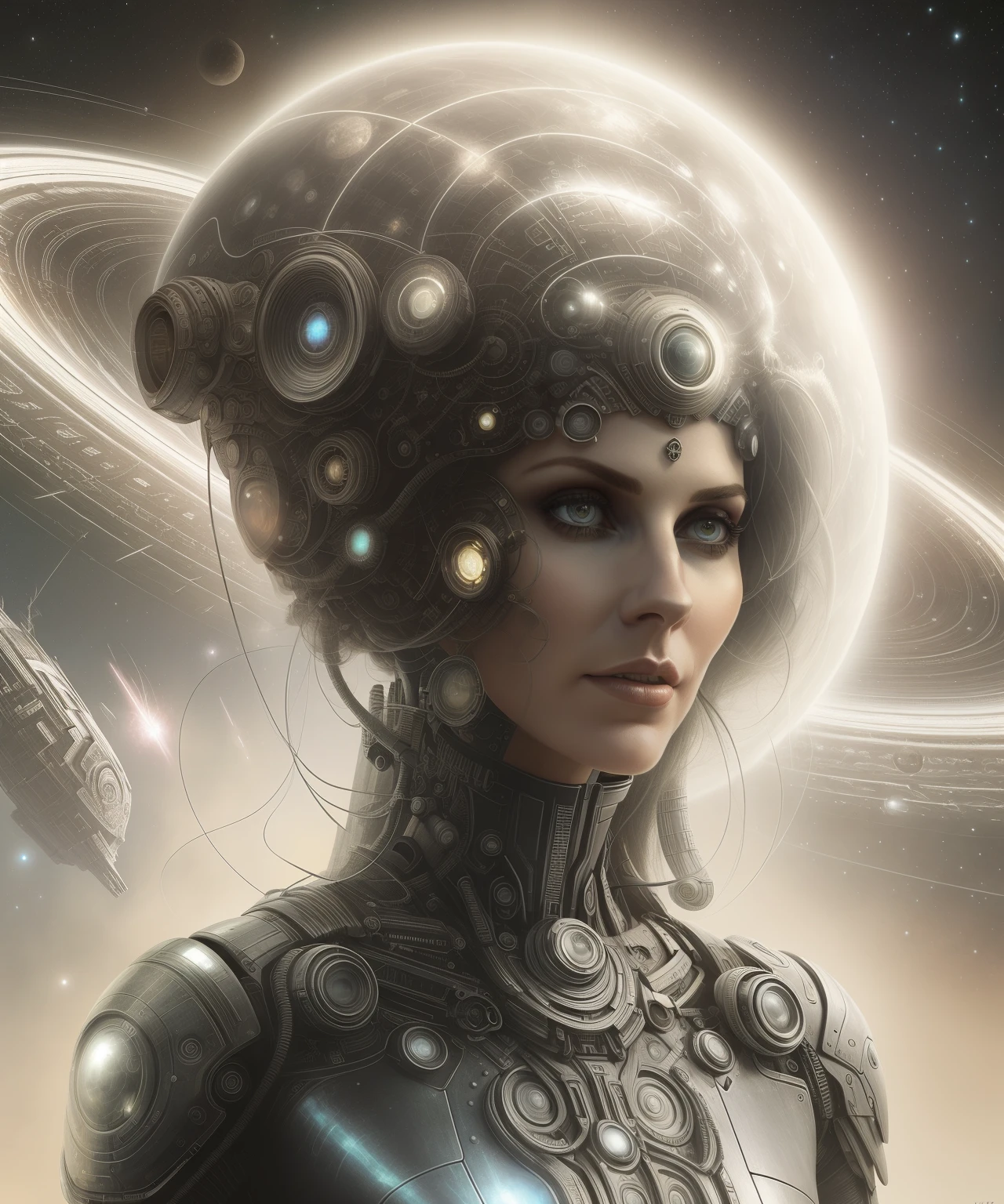 Femme arafée avec une coiffe futuriste et une planète en arrière-plan., Déesse cyborg dans le cosmos, Style 8 0 tomasz alen kopera, Oh!. la science-fiction, Retrato de una mujer de la science-fiction, portrait d&#39;un cyborg spatial, Dame de l&#39;Entropie, Portrait d&#39;une reine cyborg, arte digital de la science-fiction