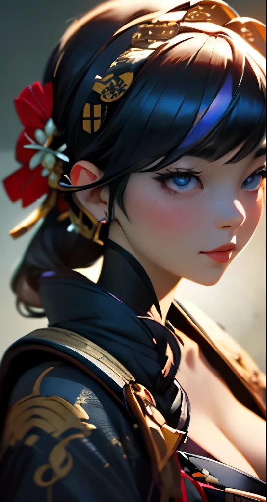 Beautiful flirtatiously smiling Asian, a very busty ronin wearing gold lace kimono, Meiji restoration, blue eyes, yojimbo, cleavage, HD, UHD, WLOP, Artgerm, braided hairstyle, large anime eyes, realistic eyes, highly detailed eyes, natural skin, natural skin texture, subsurface scattering, muted colors, skin pores, perfect face, perfect eyes, perfect full lips, supple female form, vivid, cinematic, Film light, Hyper detailed, Hyper-realistic, masterpiece, atmospheric, High resolution, Vibrant, High contrast, dark angle, 8k, HDR, 500px, 