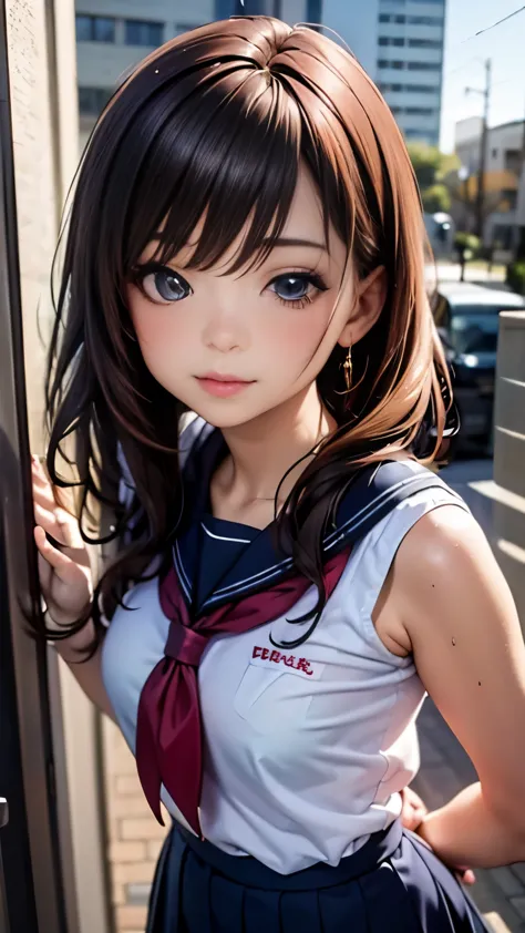 anime girl in a school uniform posing by a window, beautiful anime high school girl, a hyperrealistic , hyperrealistic , attract...