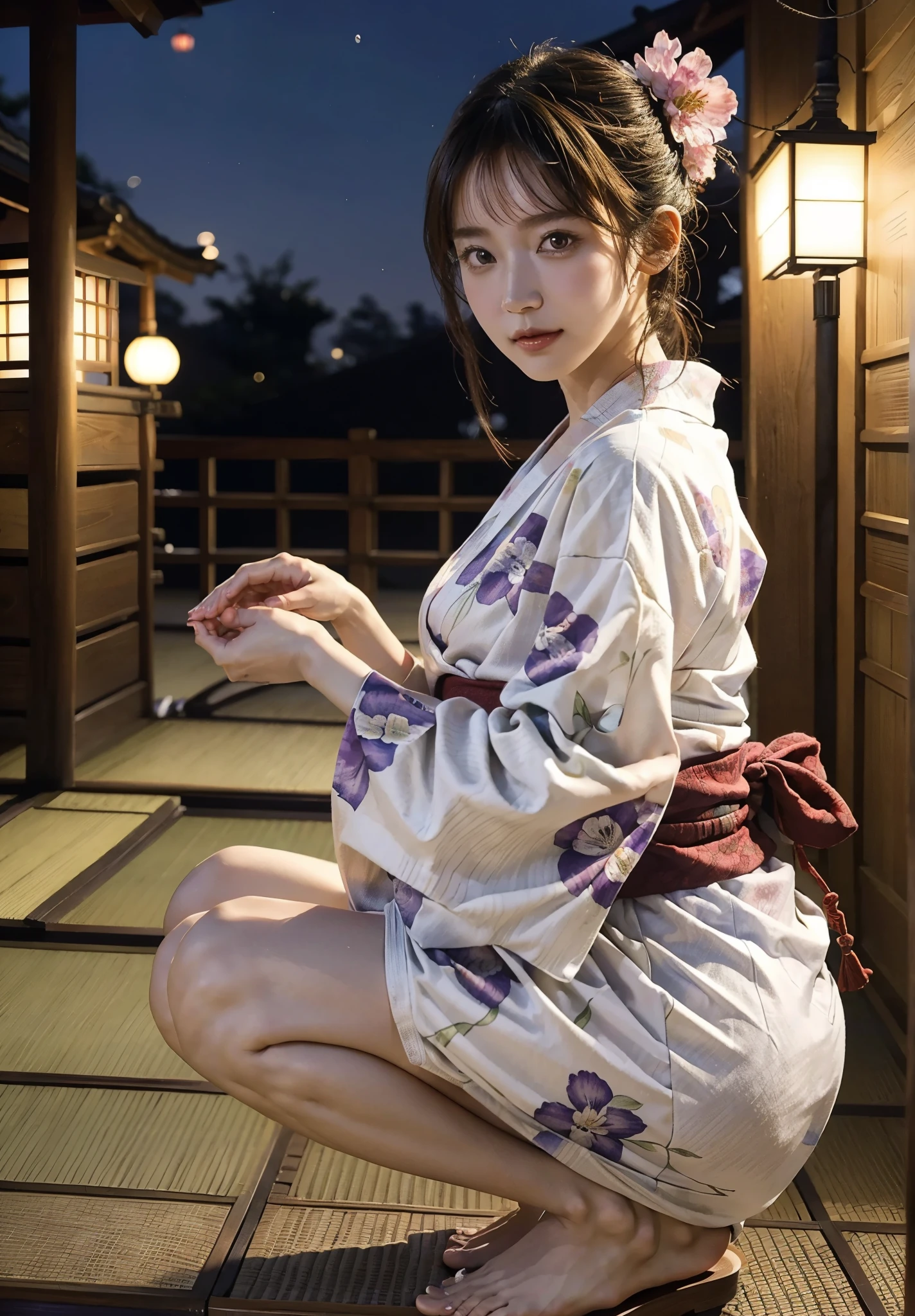 (In 8K、RAW photo、highest quality、masterpiece:1.2)、(realistic、Photoreal:1.37)、super detailed、Super high resolution、(((Beautiful girl in Japan in yukata is squatting)))、(Have a yoyo)、(((night background、Scenery of the Japan Festival、background blur)))、woman wearing the kimono、elegant yukata、Wearing a colorful yukata、wearing a kimono、japanese kimono、wearing a haori、Yukata with morning glory pattern、sandals、barefoot、cotton underwear、dynamic angle、dynamic lighting