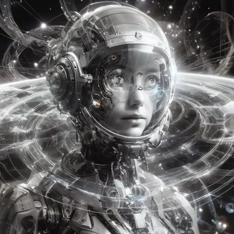 A close-up of a person wearing a helmet with a futuristic design, Diosa Cyborg en el cosmos, chica en el espacio, retrato anime ...