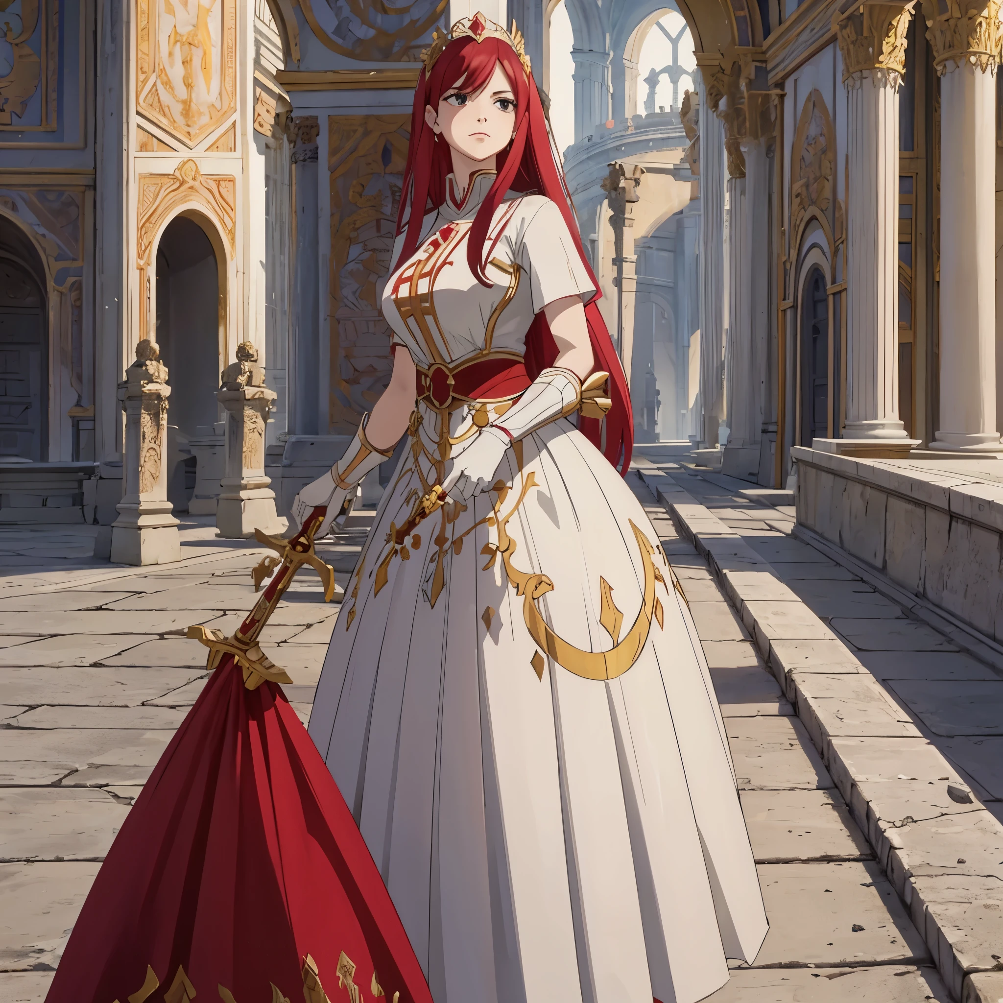 a woman in red and white Roman empress clothing in a palace of the Roman Empire holding a golden sword
