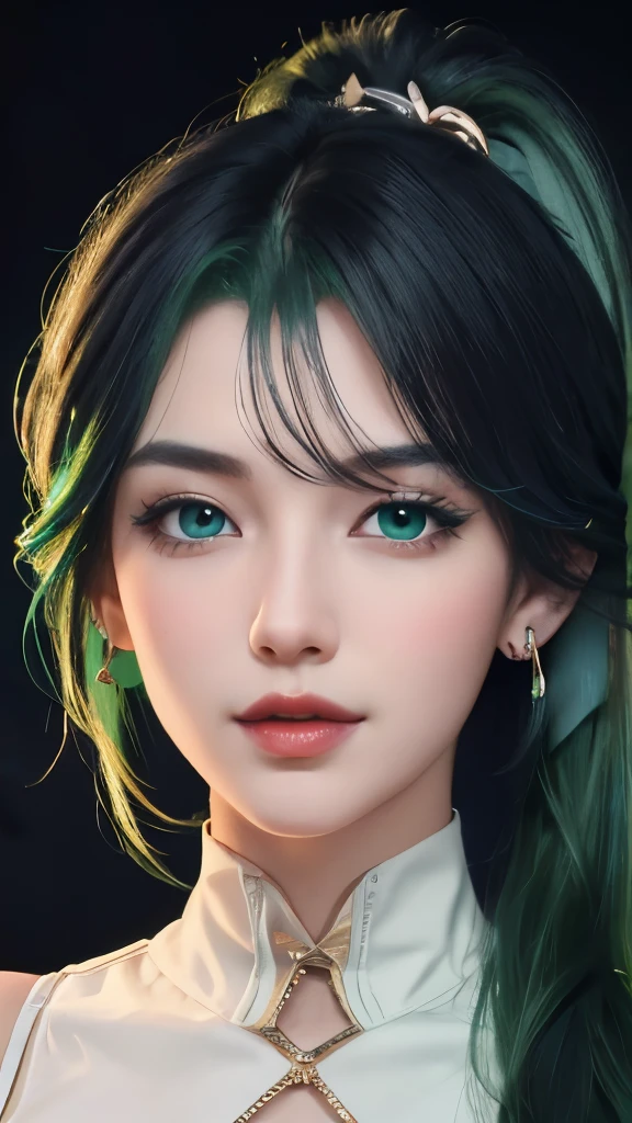 masterpiece，best quality，high resolution，8k，((portrait))，(Head close-up)，original photo，real picture，digital photography，(Noble women)，(Married women)，25-year-old woman， light green eyes，blue black hair and green hair, Long ponytail，Good-looking hair accessories，light green eyes，red glasses，Red Half-rimmed Glasses，huge ，pectoral groove， Accessories，ear nipple ring，open lips，Keep your mouth beautiful and attractive，Serious and arrogant，Calm and handsome，(off-the-shoulder clothes)，photo poses，modern style，night city background，oc render reflection texture