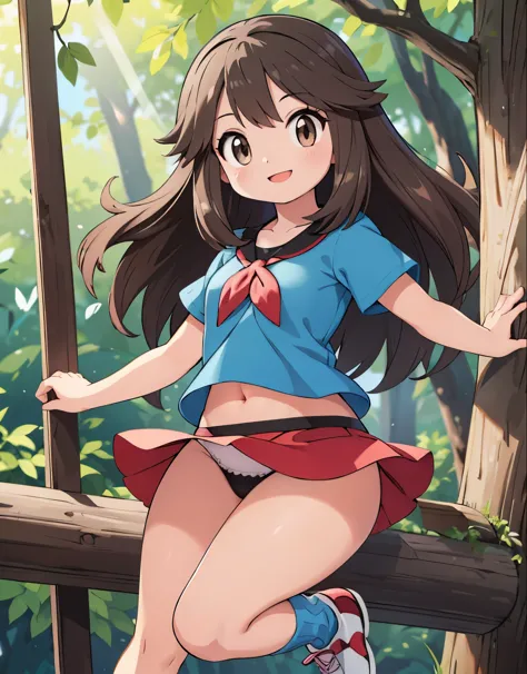 pokemon leaf, leaf, visible thighs, sitting, red skirt, blue shirt, brown eyes, loose socks, white footwear, smile, upskirt, white panties, walking, body shape, chubby thighs, wide hips, holding a pokeball, visible navel, smile, happy, loved gaze, looking ...