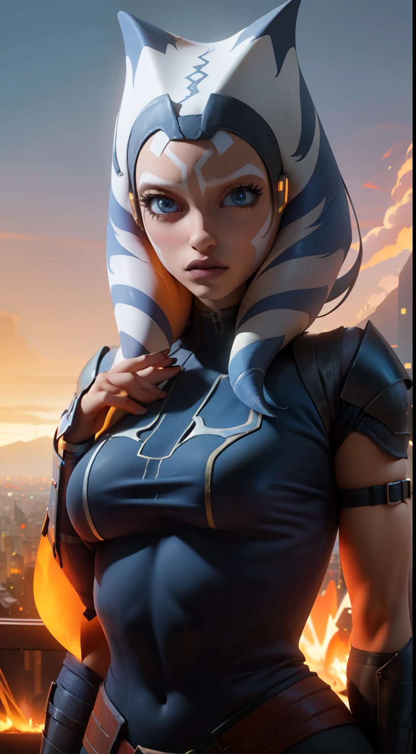 A woman in a star wars outfit standing in front of a city - SeaArt AI