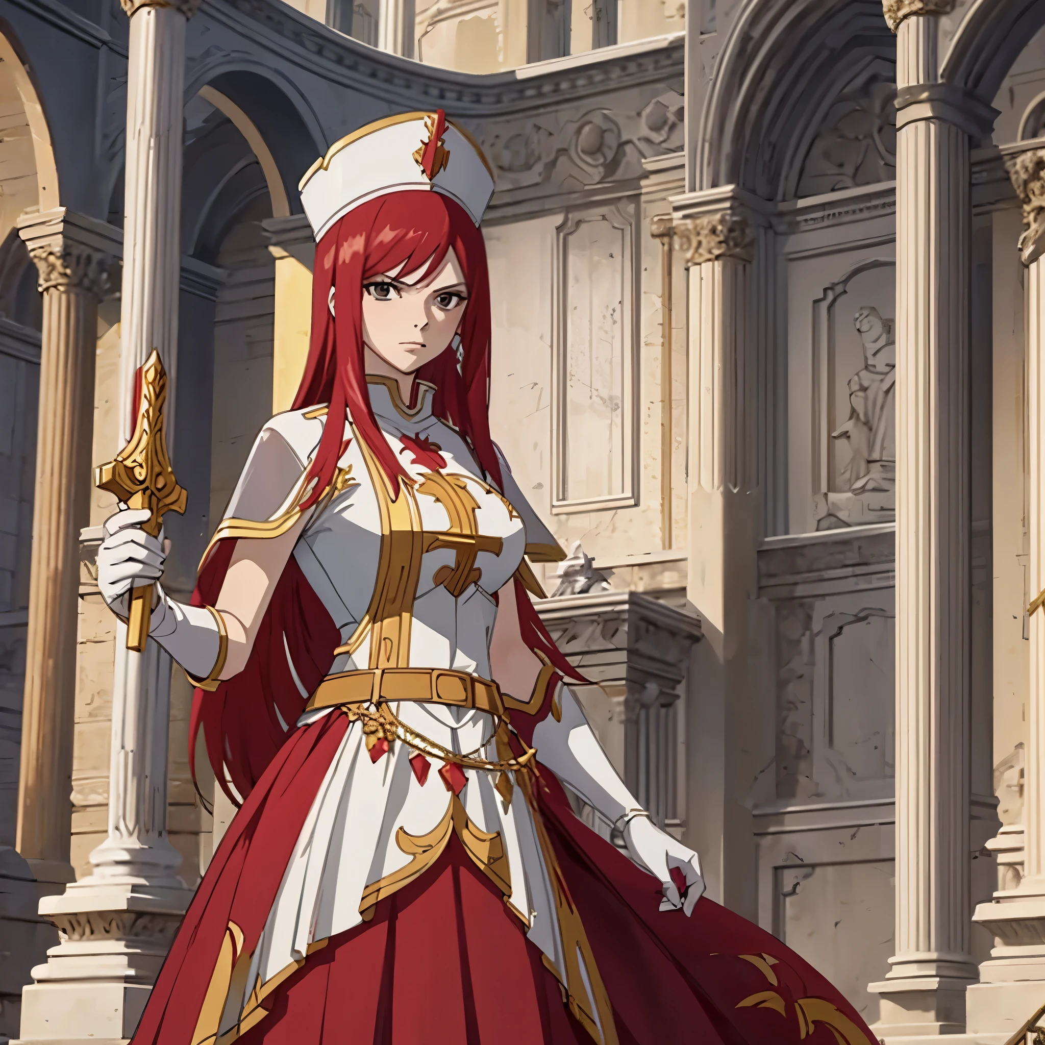 a woman in red and white Roman empress clothing in a palace of the Roman Empire holding a golden sword
