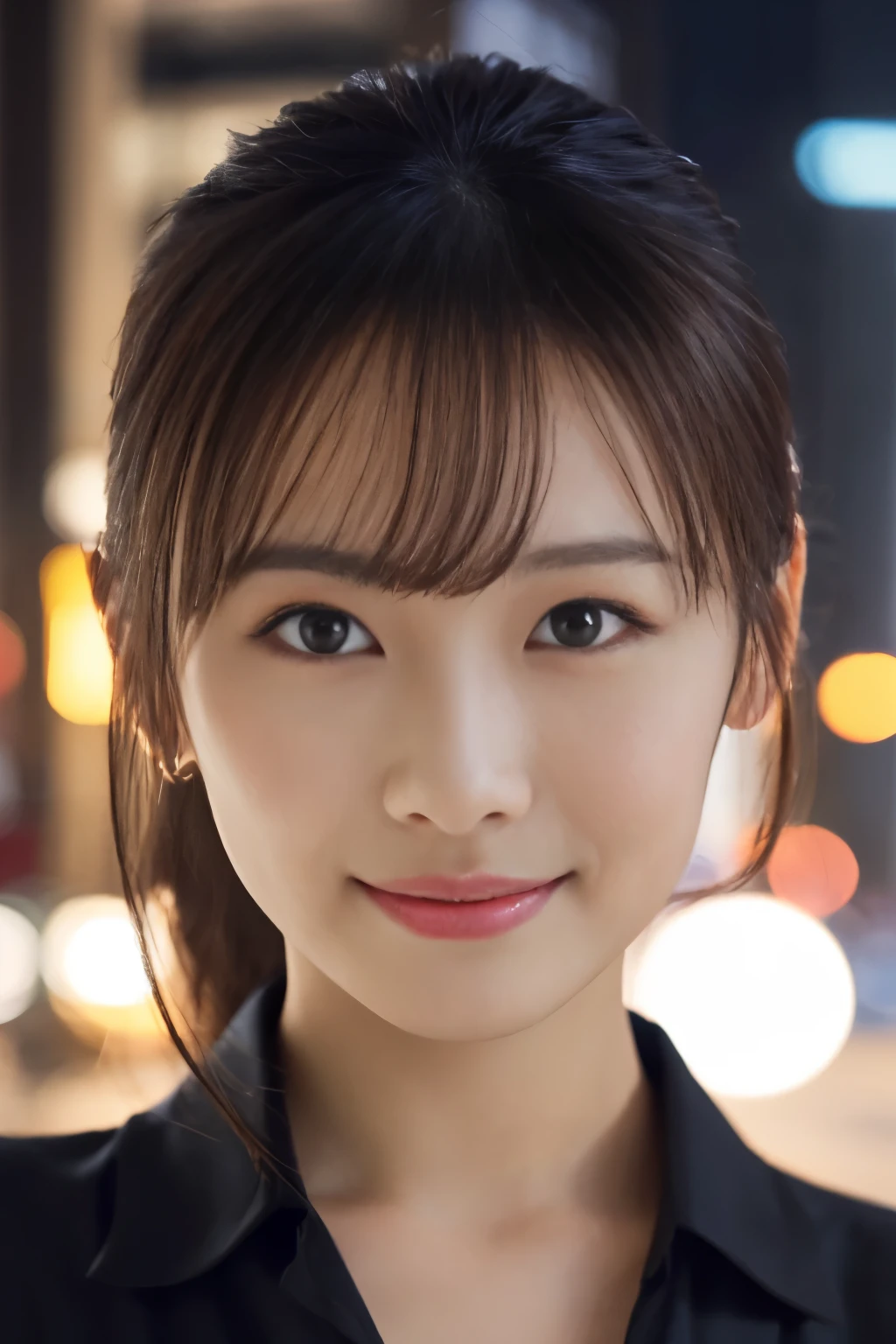 1 girl, (Wearing a black blouse:1.2), Beautiful Japan actress,
(RAW photo, highest quality), (realistic, Photoreal:1.4), masterpiece, 
very delicate and beautiful, very detailed, 2k wallpaper, wonderful, 
finely, very detailed CG Unity 8K 壁紙, Super detailed, High resolution, 
soft light, beautiful detailed girl, very detailed目と顔, beautifully detailed nose, beautiful and detailed eyes, cinematic lighting, 
break
(Against the backdrop of a snowy night cityscape 1.3), city lights, 
perfect anatomy, slender body, smile, Face the front completely, look at the camera