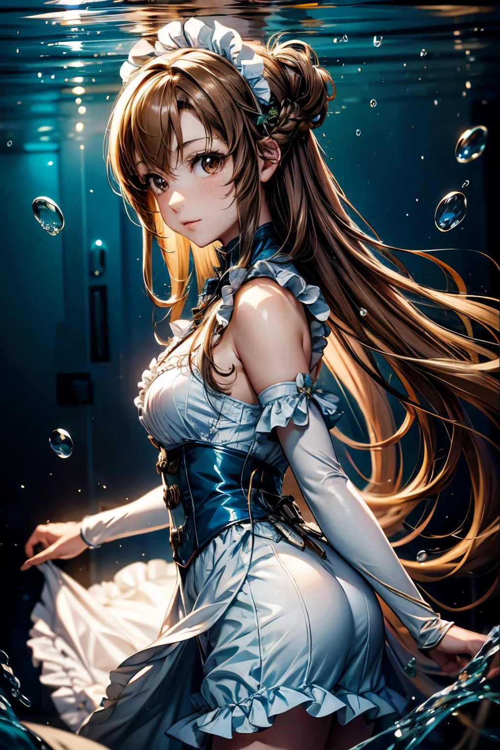 Anime girl with 棕色的头发 and brown eyes on underwater background, 所有的、笑声、水下头发物理学,气泡,从水中透进来的光线,反光板,放入水中,分层水,一群鱼,美丽、维多利亚女仆服装角色扮演:1.3,迷你裙、褶边、结城明日奈, 长发, 棕色的头发、高度详细的 CG Unity 8k 壁纸, [3D 图像:1.15],迷人的眼睛、[[美丽眼睛、彩色的眼睛、闪亮的眼睛:1.15]],亚丝娜