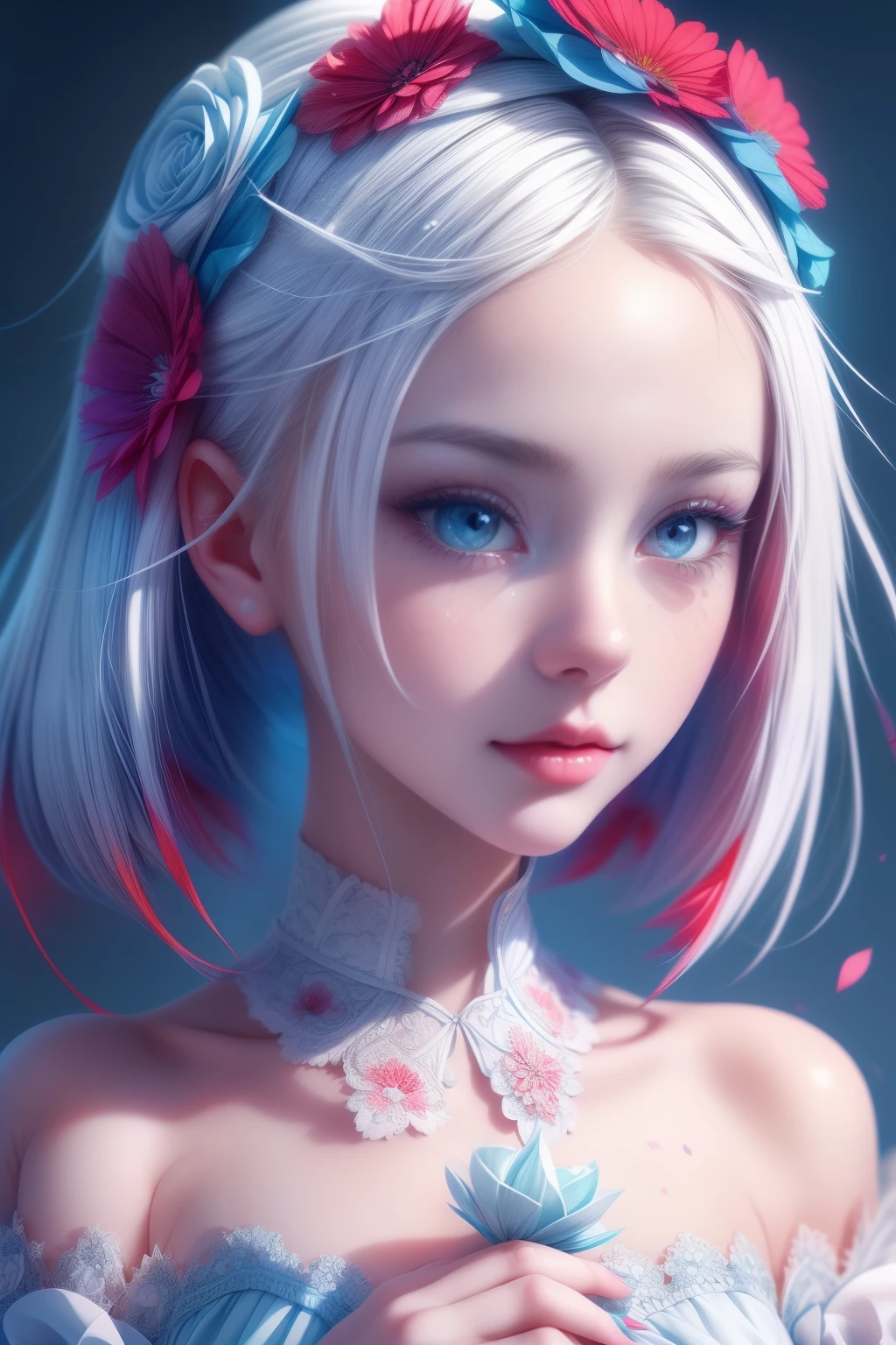 (1 cute girl), (white hair), grey eyes, wearing a beautiful baby blue lace dress. White skin, splat art background, eye_detail, multi coloured background_detail, face_detail, hair_detail with red flower, more_detail, add_detail, add detailed, cute_face,upper body shot