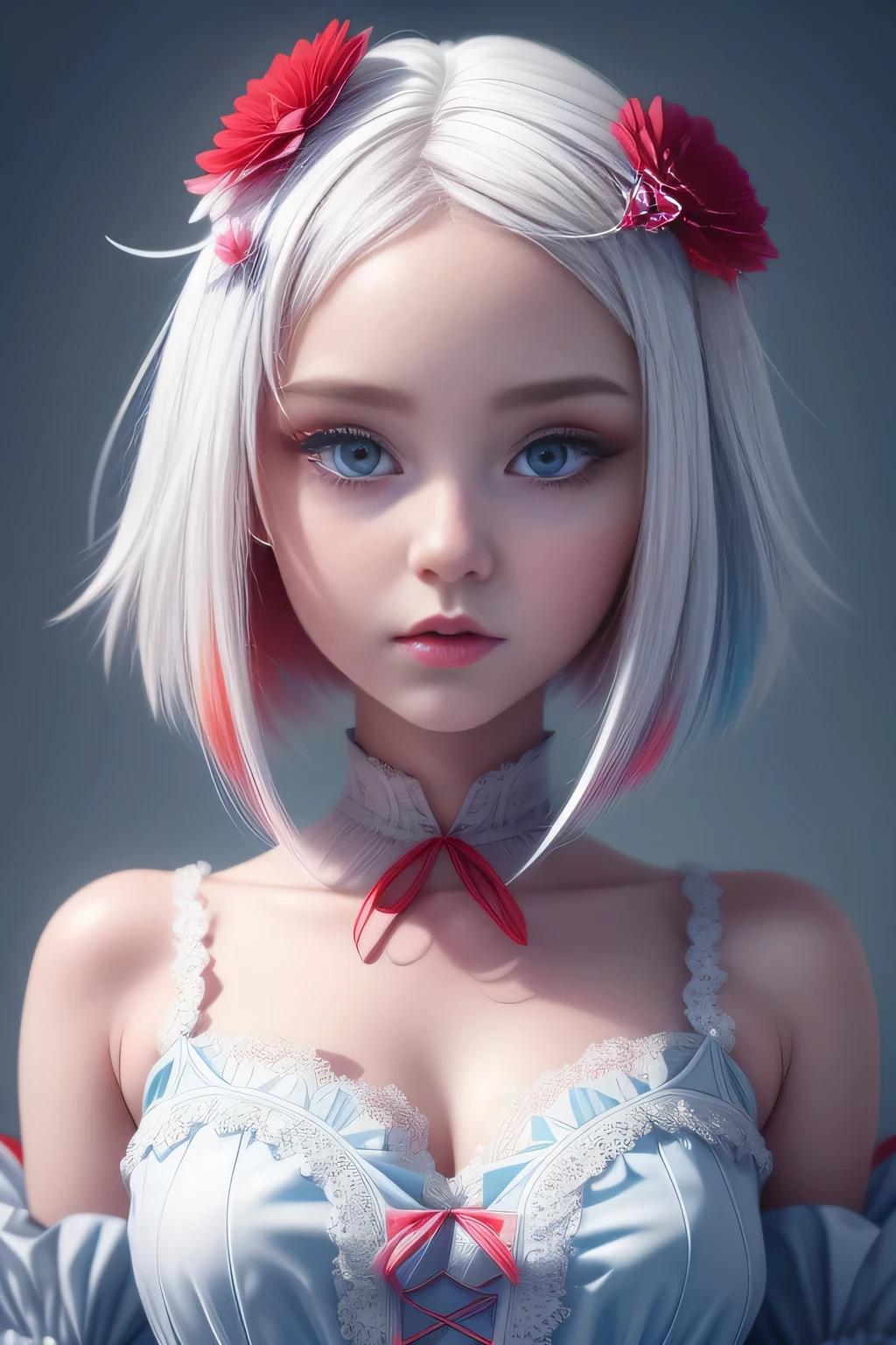 (1 cute girl), (white hair), grey eyes, wearing a beautiful baby blue lace dress. White skin, splat art background, eye_detail, multi coloured background_detail, face_detail, hair_detail with red flower, more_detail, add_detail, add detailed, cute_face,upper body shot