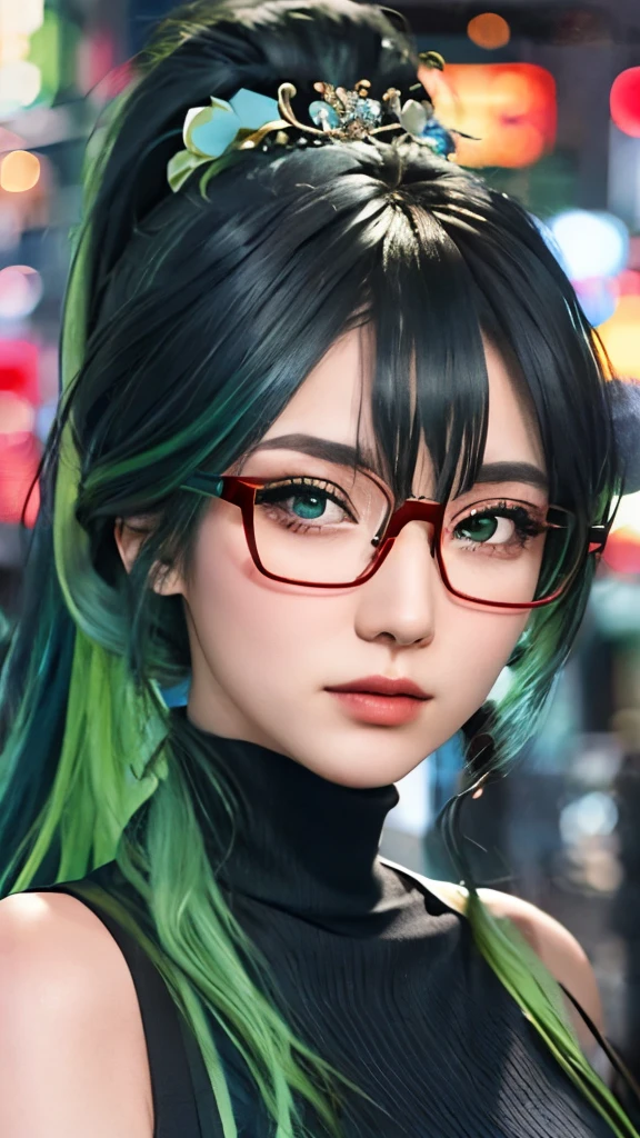 1 girl,blue black hair and green hair, Long ponytail，Good-looking hair accessories，light green eyes，red glasses，Red Half-rimmed Glasses，huge ，Off the shoulders，Tokyo streets,night, city View,city lights, close up, 8k, original photo, best quality, masterpiece,actual, photo-actual,