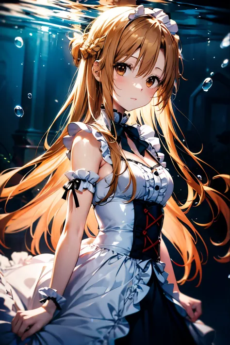 Asuna、Anime girl with brown hair and brown eyes on underwater background、laughter、underwater hair physics,Air bubbles,Light comi...