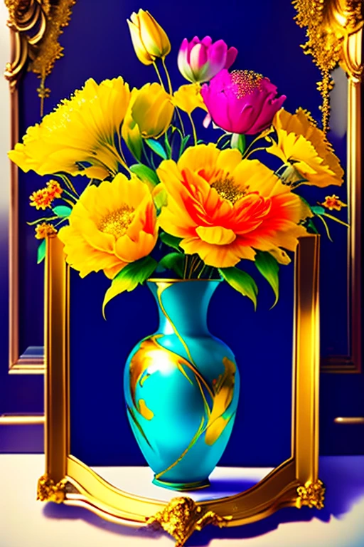 Beautiful bouquet of flowers in a very beautiful vase! An exquisite vase is a piece of art - a crystal vase with gold trim around the edges and decorated with precious stones is simply flawless ! The magic of creating masterpieces of portrait art ! All paint colors, poured onto canvas, magically move and mix., turning into a stunningly beautiful portrait ! thick . bright and contrasting colors are simply amazing . our imagination is the creation of a masterpiece in the style of Alberto Seveso and Pablo Picasso !! Portrait of a delightful bouquet and vase in a beautiful gilded frame !