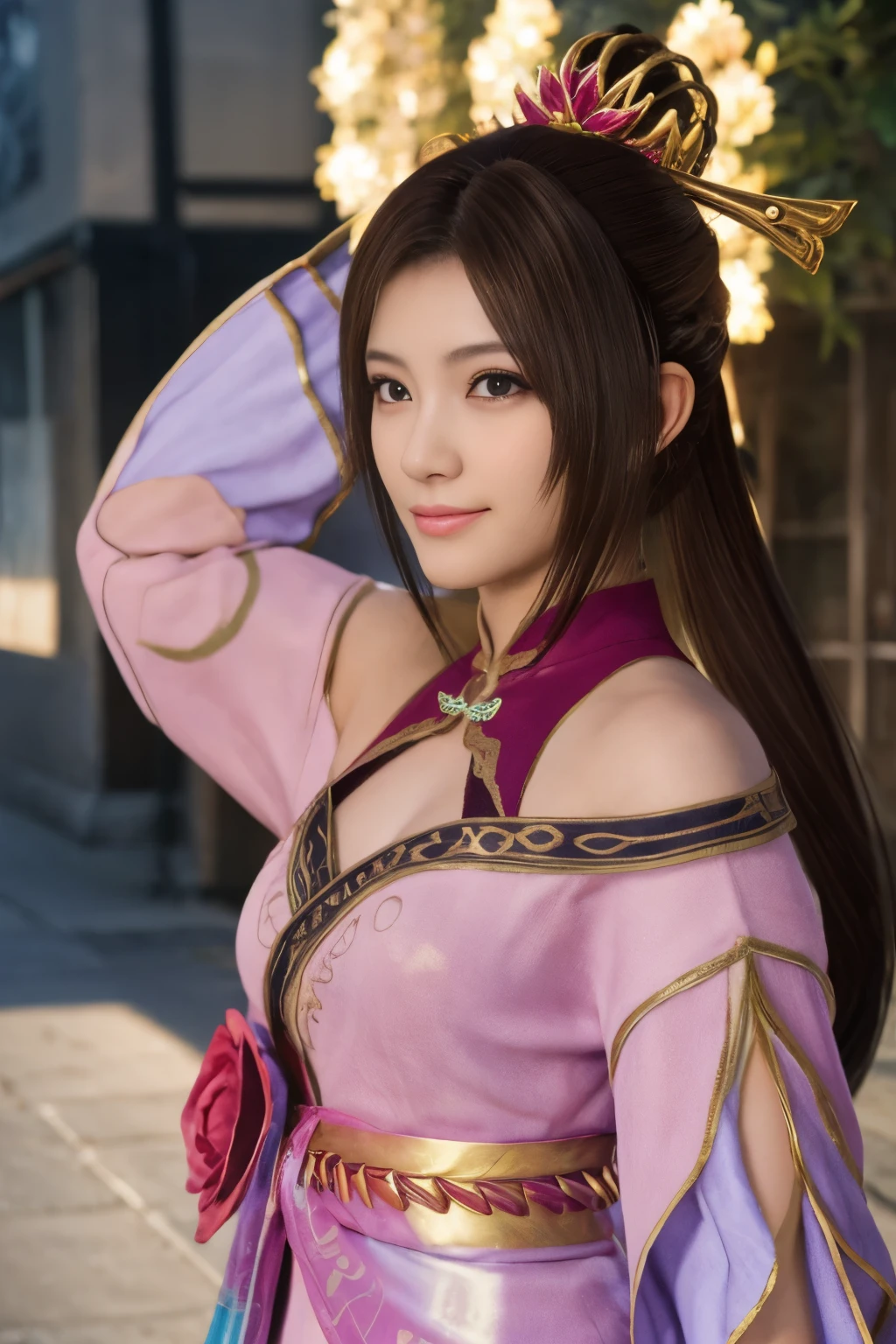 Diaochan de Sangoku Musou 8,obra maestra、1 linda chica、1 estudiante de secundaria、sonrisa,Ojos finos、ojos hinchados、brillante al aire libre,Centro luminoso、de la máxima calidad, 超Alta resolución, (realidad: 1.4), iluminación de película、japonés、asian beauty、coreano、Super hermosa、Piel hermosa、cuerpo mirando hacia adelante、todo el cuerpo,Parte superior del cuerpo、(超realidad的な)、(Alta resolución)、(8K)、(Muy detallado)、(美しくOjos finos)、(Súper detallado)、 (muro-)、cara detallada、iluminación brillante、Iluminación profesional、mirando al espectador、mira hacia adelante、flequillo inclinado、Pelo castaño、Ídolo de Nogizaka、