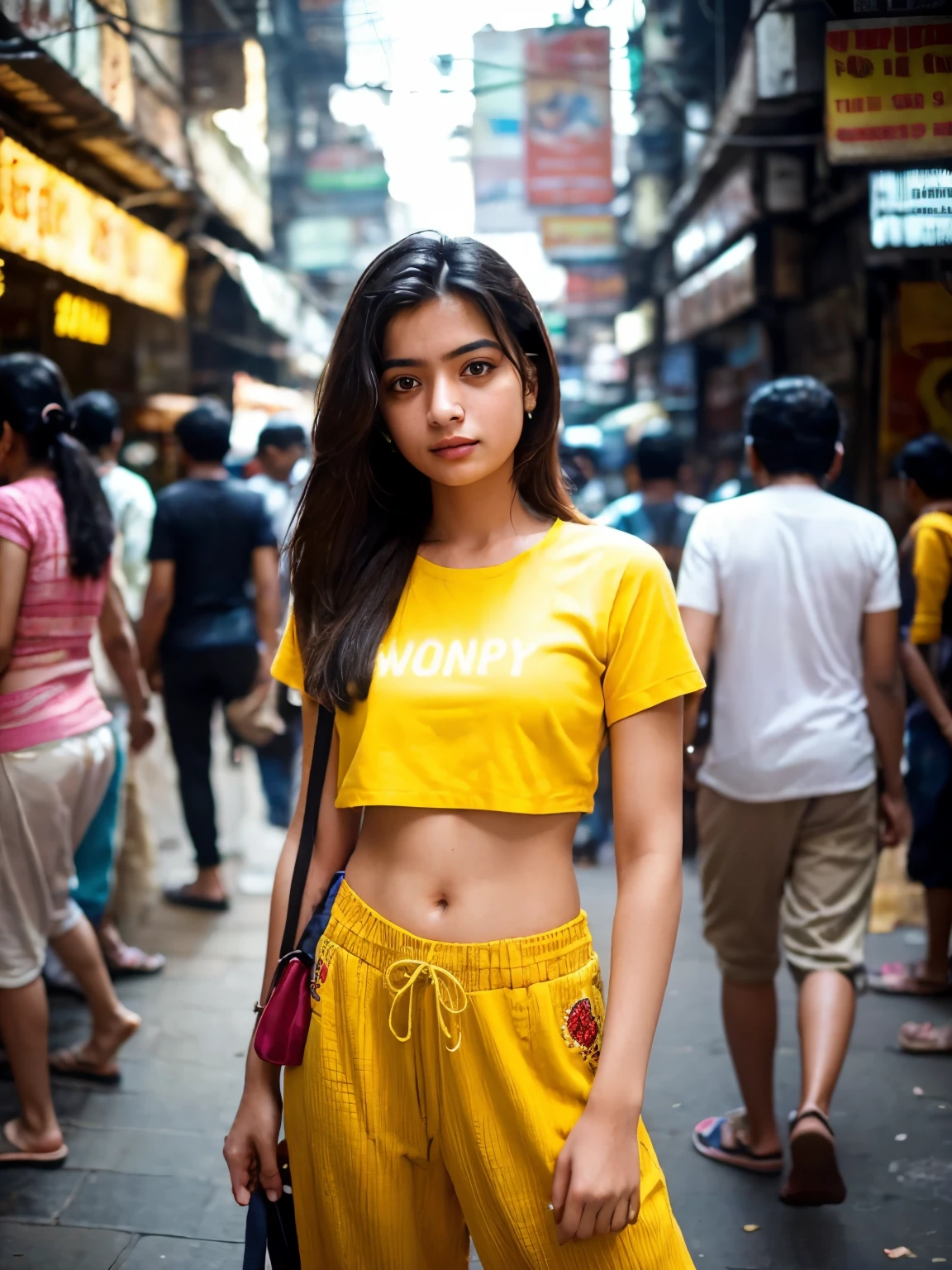 创建一张逼真的图像，捕捉一位健康的普通 21 岁孟买女孩站在孟买繁华的街道上. 她穿着一件带有刺绣的黄色短款衬衫，搭配宽松的裤子, 体现出一种现代而休闲的风格，与城市的动态背景形成鲜明对比. 这是一个长远的目标, 确保充分展示环境的活力——从挤满各行各业人群的拥挤人行道到孟买城市景观的鲜艳色彩和纹理. 尽管人群围着她, 女孩仍然是焦点, 也许通过景深效果稍微模糊前景和背景, 或者利用灯光和构图自然地吸引观众的目光. 这张照片应该捕捉孟买热闹街道的精髓，同时强调女孩的个性和与这座城市的联系. 她的表情和姿势反映出自信和希望, 让人们一窥她在城市混乱中的个人故事.