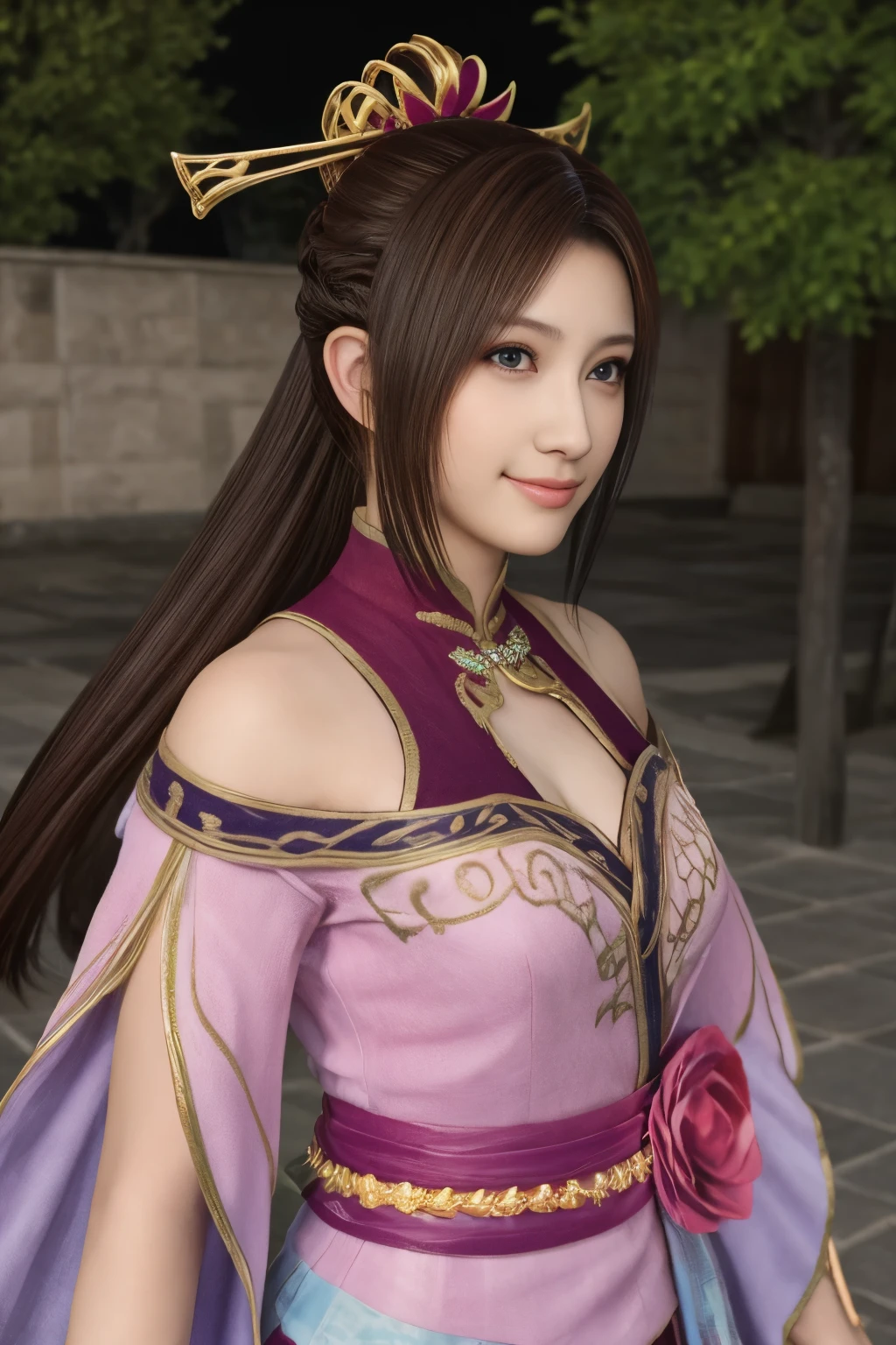 Diaochan de Sangoku Musou 8,obra de arte、1 linda garota、1 estudante do ensino médio、sorriso,Olhos finos、Olhos inchados、Exterior claro,Centro brilhante、mais alta qualidade, 超Alta resolução, (realidade: 1.4), iluminação de filme、japonês、beleza asiática、coreano、Super lindo、pele bonita、corpo voltado para frente、todo o corpo,tronco、(超realidade的な)、(Alta resolução)、(8K)、(Muito detalhado)、(美しくOlhos finos)、(super detalhado)、 (parede-)、rosto detalhado、iluminação brilhante、Iluminação Profissional、olhando para o espectador、Olhe para frente、franja inclinada、cabelo castanho、Ídolo Nogizaka、