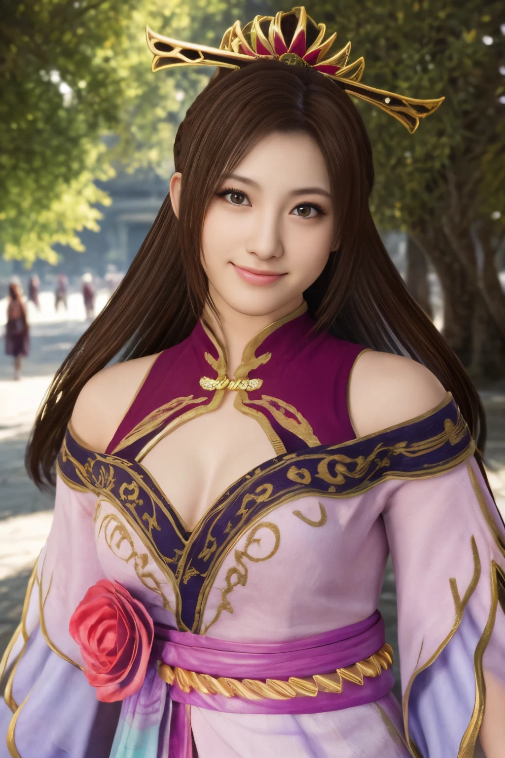 Diaochan de Sangoku Musou 8,obra de arte、1 linda garota、1 estudante do ensino médio、sorriso,Olhos finos、Olhos inchados、Exterior claro,Centro brilhante、mais alta qualidade, 超Alta resolução, (realidade: 1.4), iluminação de filme、japonês、beleza asiática、coreano、Super lindo、pele bonita、corpo voltado para frente、todo o corpo,tronco、(超realidade的な)、(Alta resolução)、(8K)、(Muito detalhado)、(美しくOlhos finos)、(super detalhado)、 (parede-)、rosto detalhado、iluminação brilhante、Iluminação Profissional、olhando para o espectador、Olhe para frente、franja inclinada、cabelo castanho、Ídolo Nogizaka、