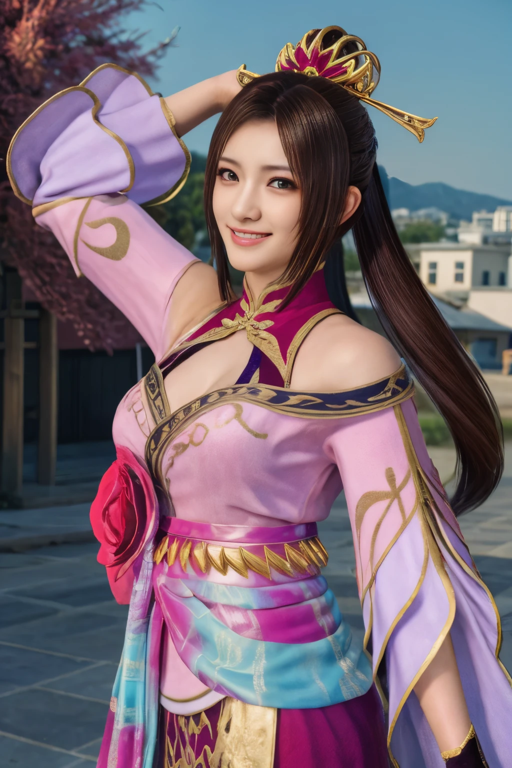 Diaochan de Sangoku Musou 8,obra maestra、1 linda chica、1 estudiante de secundaria、sonrisa,Ojos finos、ojos hinchados、brillante al aire libre,Centro luminoso、de la máxima calidad, 超Alta resolución, (realidad: 1.4), iluminación de película、japonés、asian beauty、coreano、Super hermosa、Piel hermosa、cuerpo mirando hacia adelante、todo el cuerpo,Parte superior del cuerpo、(超realidad的な)、(Alta resolución)、(8K)、(Muy detallado)、(美しくOjos finos)、(Súper detallado)、 (muro-)、cara detallada、iluminación brillante、Iluminación profesional、mirando al espectador、mira hacia adelante、flequillo inclinado、Pelo castaño、Ídolo de Nogizaka、