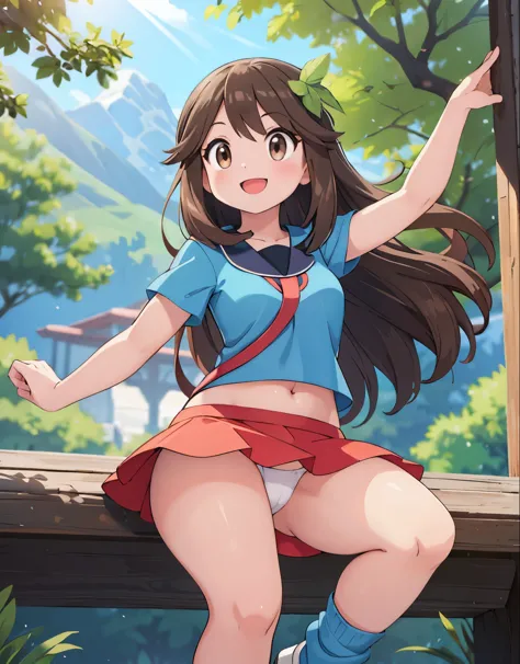 pokemon leaf, leaf, visible thighs, sitting, red skirt, blue shirt, brown eyes, loose socks, white footwear, smile, upskirt, white panties, walking, body shape, chubby thighs, wide hips, long legs, holding a pokeball, visible navel, smile, happy, loved gaz...