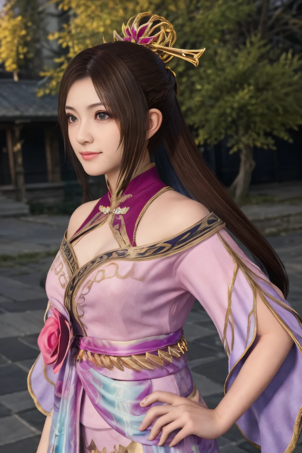 Diaochan de Sangoku Musou 8,obra maestra、1 linda chica、1 estudiante de secundaria、sonrisa,Ojos finos、ojos hinchados、brillante al aire libre,Centro luminoso、de la máxima calidad, 超Alta resolución, (realidad: 1.4), iluminación de película、japonés、asian beauty、coreano、Super hermosa、Piel hermosa、cuerpo mirando hacia adelante、todo el cuerpo,Parte superior del cuerpo、(超realidad的な)、(Alta resolución)、(8K)、(Muy detallado)、(美しくOjos finos)、(Súper detallado)、 (muro-)、cara detallada、iluminación brillante、Iluminación profesional、mirando al espectador、mira hacia adelante、flequillo inclinado、Pelo castaño、Ídolo de Nogizaka、