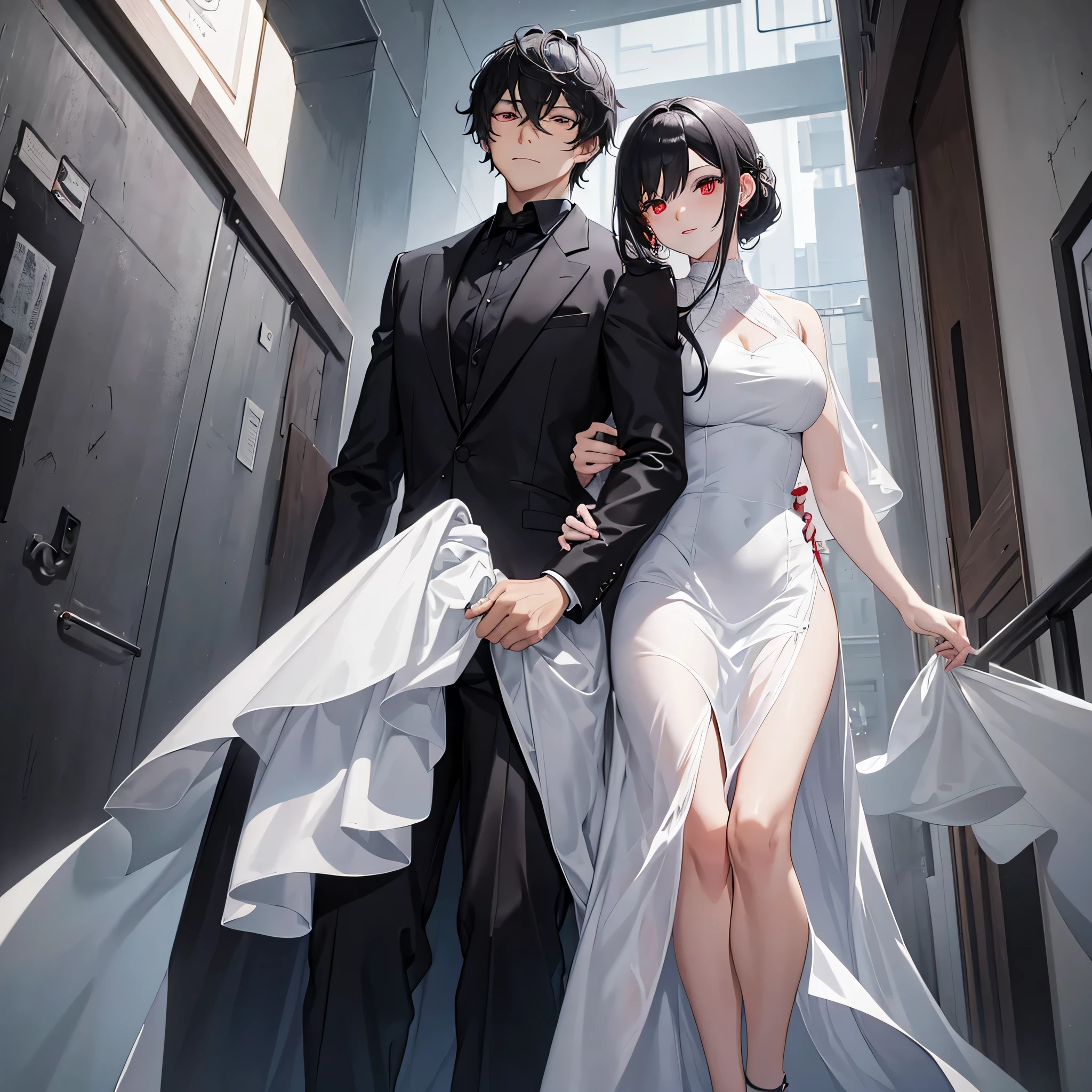 um homem de terno preto junto com sua esposa(olho vermelho) in a white dress in a big building,
