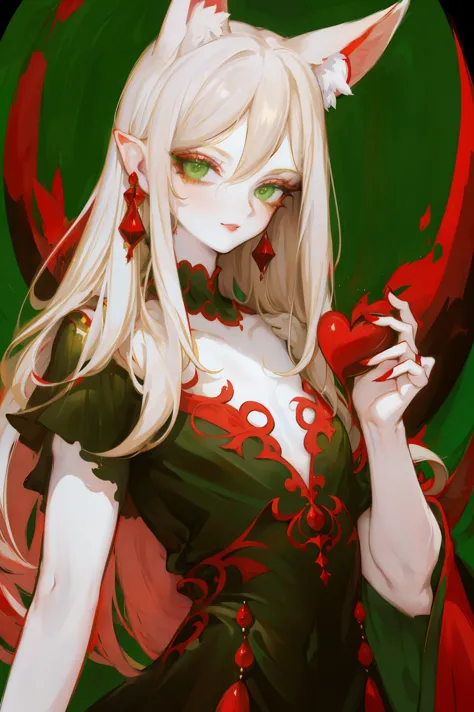 Upper body standing painting, sweetheart, solo, pale-skinned, (Fox ears), Elaborate Eyes, detail in face, Green-eyed, Red Eyeshadow, lips in red, black magic dress, awas, pervert smirk, tmasterpiece, high high quality, minimum, Tiny,