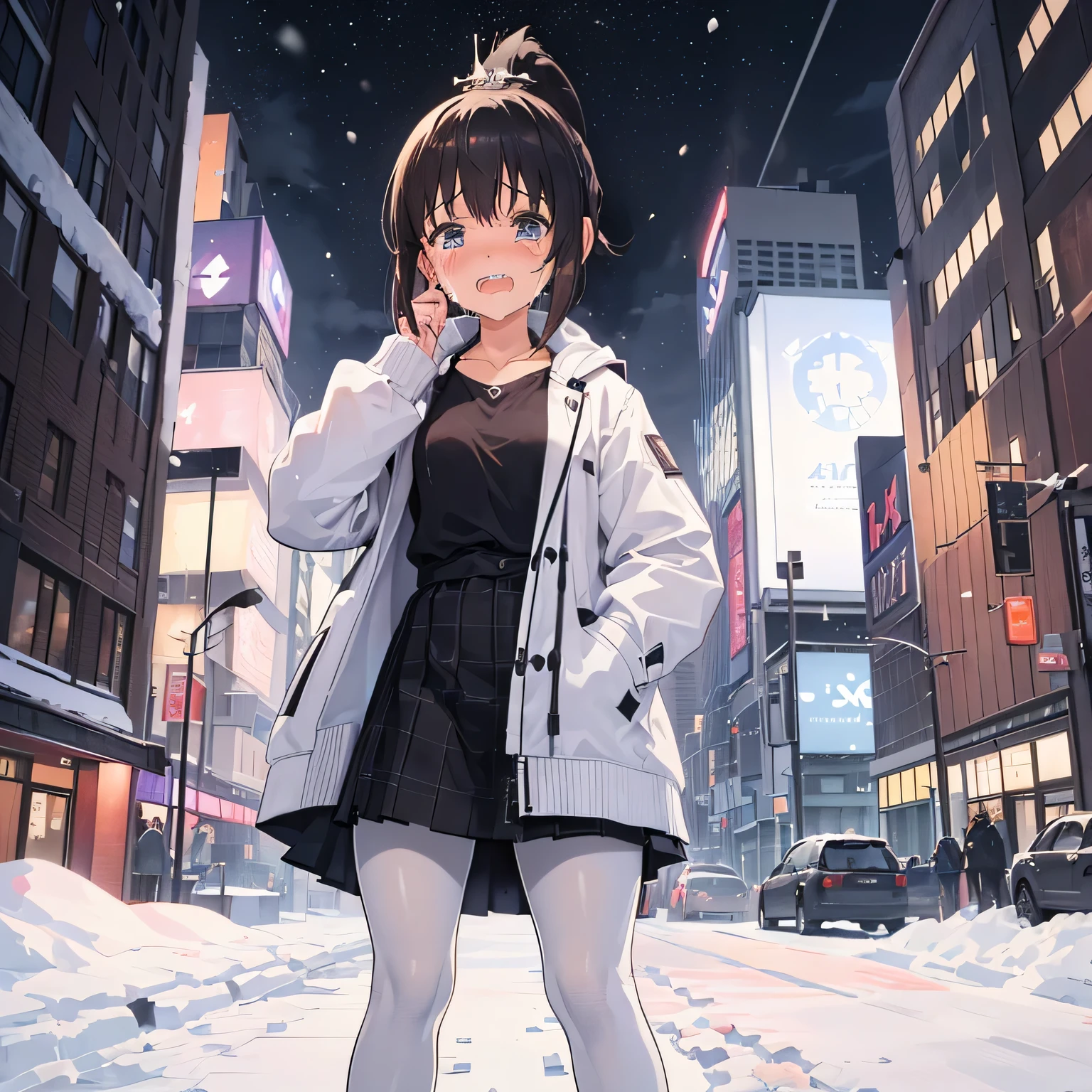 1girl, ((girl)) 、1 person、small face、 ((snow)) 、night、in the city、Skyscraper,20-year-old、 (cry:1.5) 、white coat、white sweater、((plaid skirt)) 、((black pantyhose:1.5)) 、Brown snow boots, (princess cut), (bob cut)、(medium hair)、(ponytail:1.5) 、brown hair 、standing pose、sad expression、