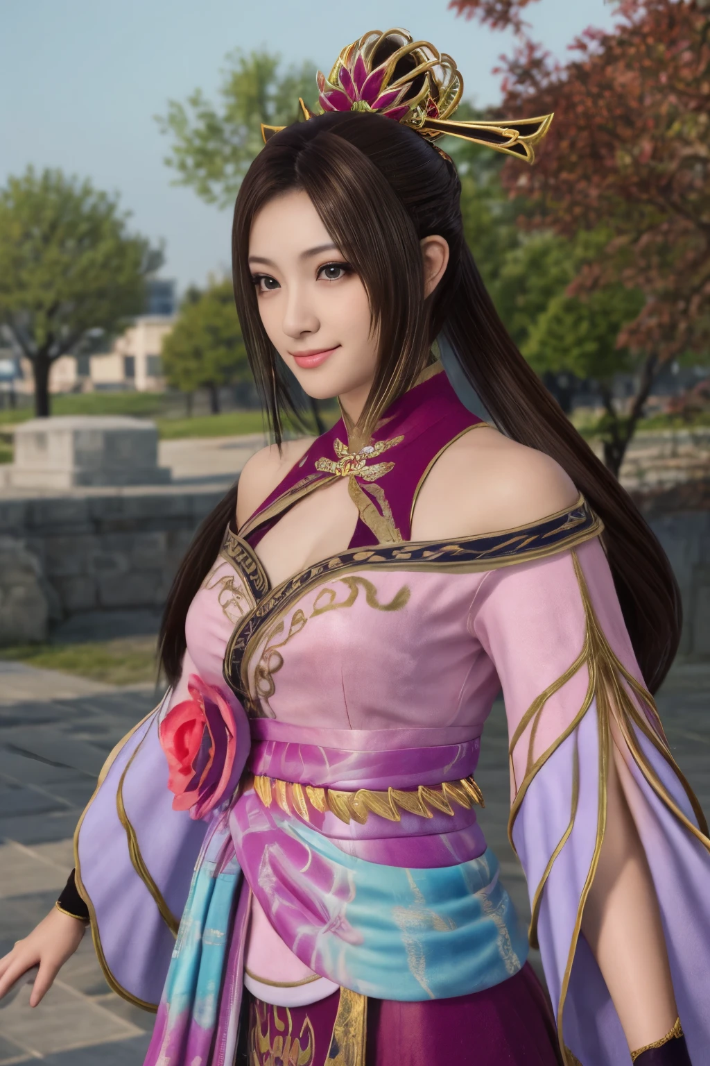 Diaochan de Sangoku Musou 8,obra de arte、1 linda garota、1 estudante do ensino médio、sorriso,Olhos finos、Olhos inchados、Exterior claro,Centro brilhante、mais alta qualidade, 超Alta resolução, (realidade: 1.4), iluminação de filme、japonês、beleza asiática、coreano、Super lindo、pele bonita、corpo voltado para frente、todo o corpo,tronco、(超realidade的な)、(Alta resolução)、(8K)、(Muito detalhado)、(美しくOlhos finos)、(super detalhado)、 (parede-)、rosto detalhado、iluminação brilhante、Iluminação Profissional、olhando para o espectador、Olhe para frente、franja inclinada、cabelo castanho、Ídolo Nogizaka、