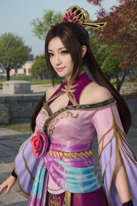 Diaochan from Sangoku Musou 8,masterpiece、1 cute girl、17-year-old high school student、smile,fine eyes、puffy eyes、bright outdoors...