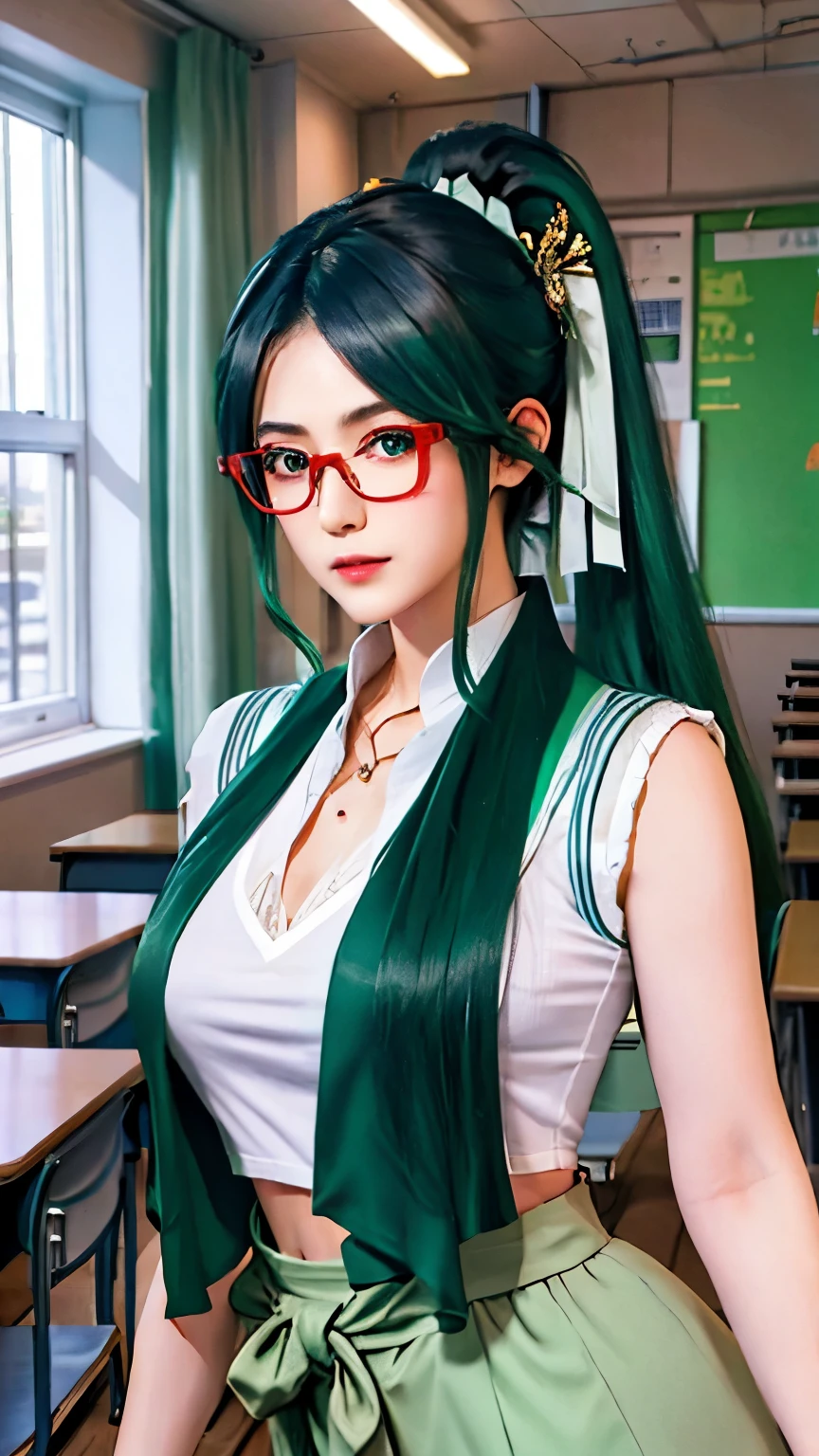 white sailor suit, light green eyes，blue black hair and green hair, Long ponytail，Good-looking hair accessories，light green eyes，red glasses，Red Half-rimmed Glasses，huge ，High school classroom background，((top quality, 8k, masterpiece)), above waist