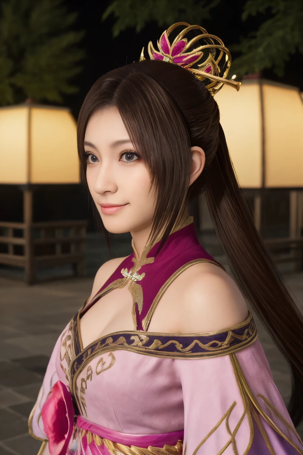 Diaochan from Sangoku Musou 8,傑作、1個可愛的女孩、高中生1名、微笑,漂亮的眼睛、眼睛浮腫、戶外明亮,明亮的市中心、最好的品質, 超高解析度, (現實: 1.4), 電影燈光、日本人、亞洲美女、韓國人、超漂亮、美麗的肌膚、身體面向前方、全身,上半身、(超現實的な)、(高解析度)、(8K)、(非常詳細)、(美しく漂亮的眼睛)、(超詳細)、 (牆-)、詳細的臉、明亮的燈光、專業照明、看著觀眾、直視、斜瀏海、棕色的頭髮、乃木坂偶像、