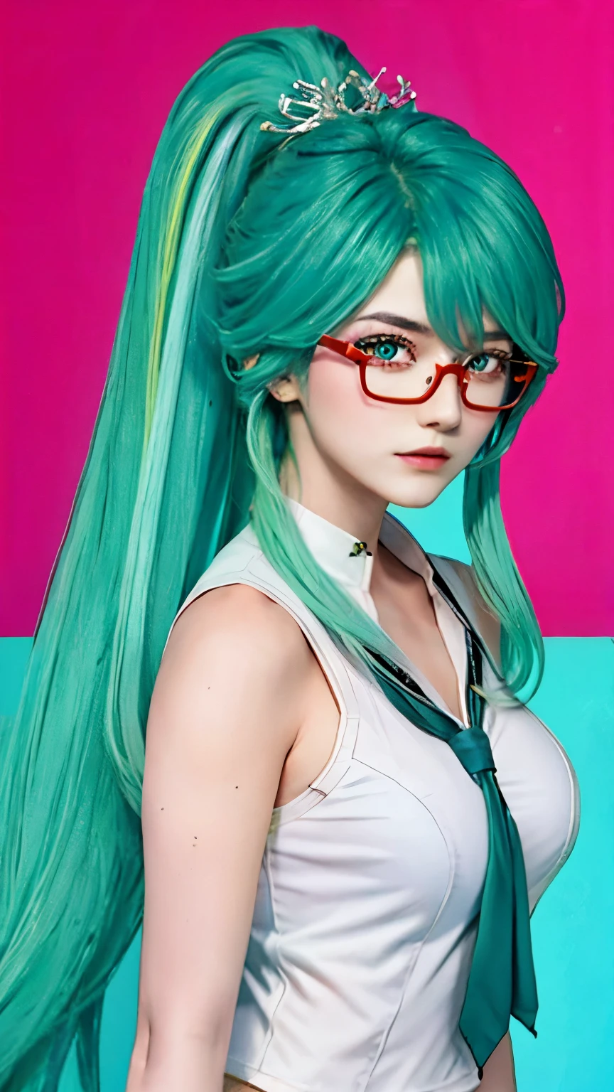 white sailor suit, light green eyes，grey-blue hair and green hair, Long ponytail，Good-looking hair accessories，light green eyes，red glasses，Red Half-rimmed Glasses，huge ，solid color background（rainbow，colorful，Splash），((top quality, 8k, masterpiece)), above waist