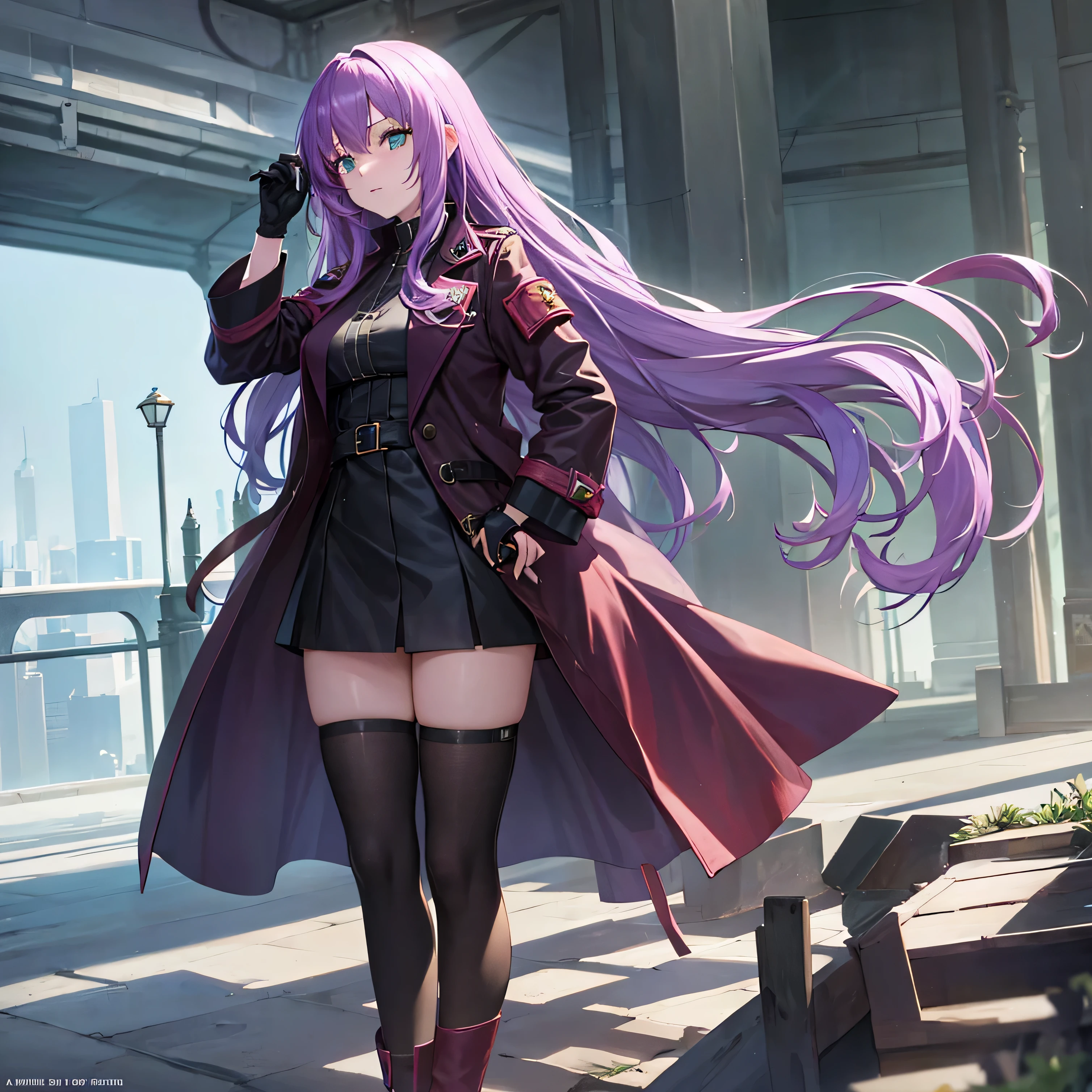 Color photo of young woman, long light purple hair, Emerald eyes, 20 years old, black coat, black skirt, black gloves, Black knee-high socks, Dark red Mary Jane shoes, anime style aesthetics