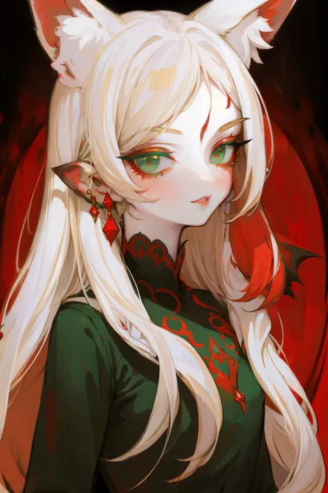 upper body standing painting, sweetheart, solo, pale-skinned, (fox ears), elaborate eyes, detail in face, green-eyed, red eyesha...