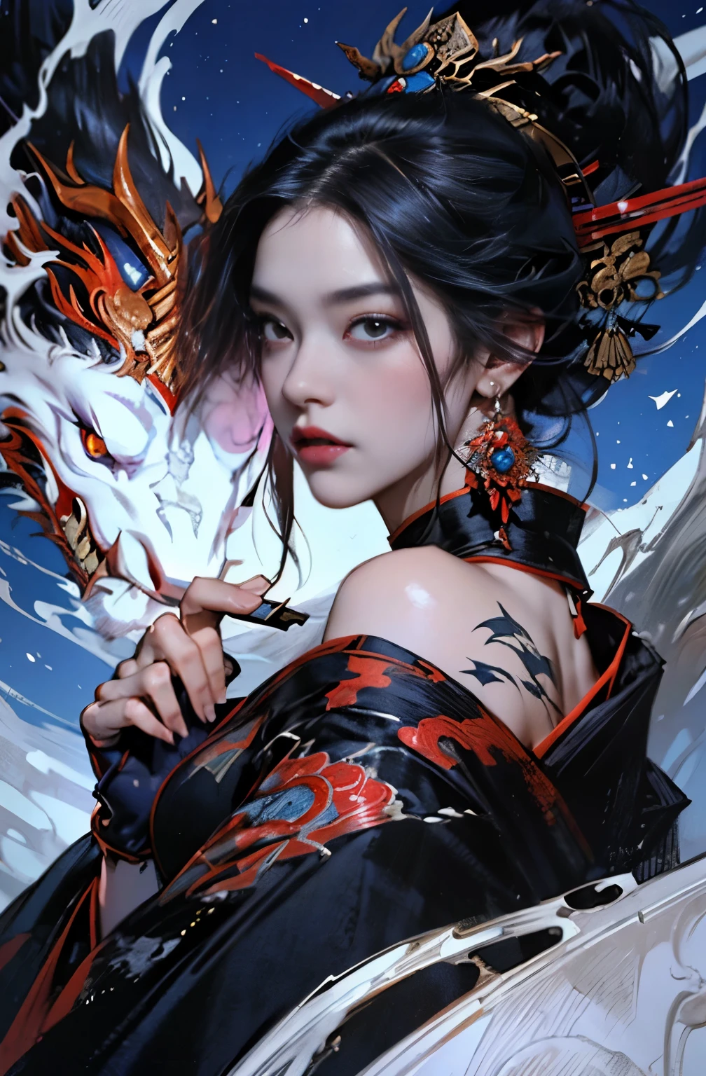 beautiful demon painting, knife剣を携えた鬼の女, knife, 妖knife, knife, strong female samurai, ２book corner, mouth with fangs, Eyes without pupils, gambling, Kumatori, Hyakka Ryōran, Flower of Shura, Looks like he&#39;s in his late 20s, beautiful black haired demon, sharp beauty, Beautiful red kimono, Oiran, highest ranking woman, Ghost Girl, Female Yakuza, Doji Ibaraki, Shuten Douji, Inspired by Chen Yifei, Inspired by Francesco Hayez, Inspired by Hendrik Terbruggen, Jean＝Works that influenced Auguste Dominique Ingres, Inspired by Liu Jun, Jean＝Works that influenced Auguste Dominique Ingres, highest quality, perfect angle, perfect composition, The perfect subject, best shot, official art, cinematic light, figurative art, Beautiful and expressive paintings, Beautiful artwork illustration, wonderful, cool beauty, clear, Mysterious, highest quality, official art, perfect composition, perfect angle, best shot, women only, sharp outline, pretty much beautiful face, The demon lurking in the darkness of Kyoto, Lord of Chimi-Mourou, A ruthless demon woman, demon queen, Female Yakuza, full body tattoo, Danbilla, 妖knife, wide, Rashomon, SakuraFubuki, Please refrain from, I&#39;ll let you die, raid