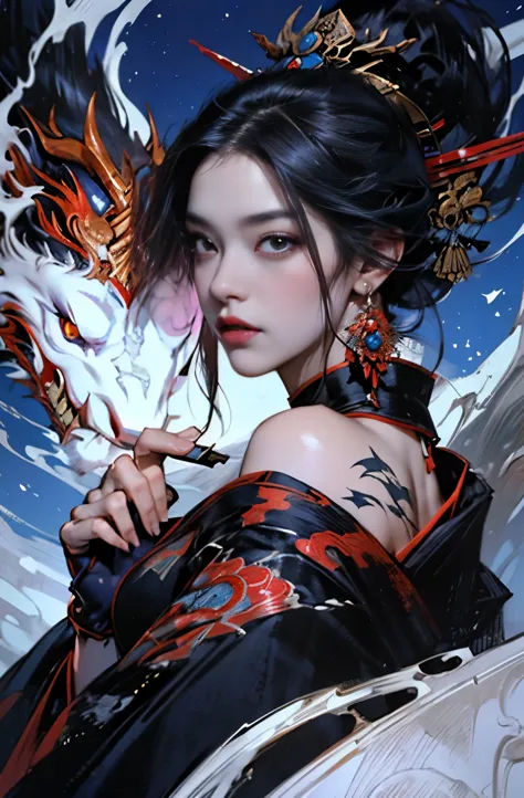 beautiful demon painting, knife剣を携えた鬼の女, knife, 妖knife, knife, strong female samurai, ２book corner, mouth with fangs, Eyes witho...