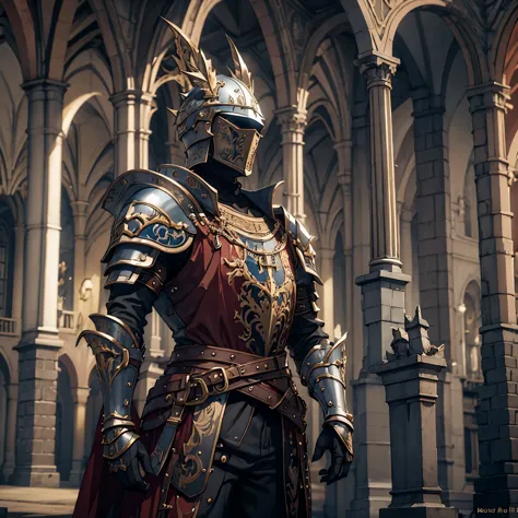 a man wearing armor, in a medieval castle
