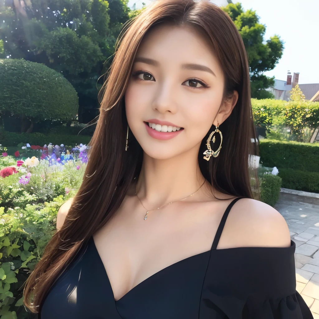 (18-year-old sweetheart), (big breasts:1.3),   Flower garden in the background、riding a retro bicycle、Off-shoulder long dress with white ruffles、Let your hair flutter in the wind、(master piece: 1.3), (maximum resolution: 1.4), (ultra high vision: 1.2), cinematic light, ultra high vision,make one&#39;s cheeks flush:1.2、 (fine eyes and skin), (detailed facial features), nffsw, 8K resolution, perfect style, beautiful expression、Highly detailed face and skin texture、detailed eye、double eyelid、glitter eyeliner:1.2、shiny skin、（pure white skin:1.8)、（white skin:1.8)、red rouge、dark lipstick:1.2、small shiny necklace and earrings、（glossy lips:1.2)、glossy lips:1.2、((full body shot:1.2))、(straight hairstyle、light brown hair)、long hair、(very affectionate smile:1.3)、Asahi