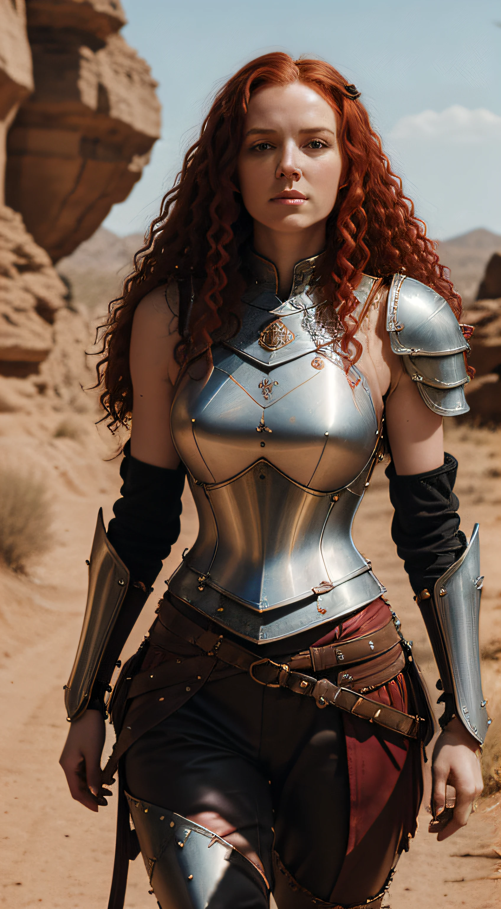 very pale woman (knight, on a desert place), ((((very very very long curlie curly red hair)))), looking at viewer, wearing (a leather pants, cuirass, gorget, pauldron, couter, vambrace, gauntlets, cuisses, greaves, sabatons, poleyn, tasses, plackard, rerebrace, breastplace, faulds, scabbard, gardbrace, shoulder armor)