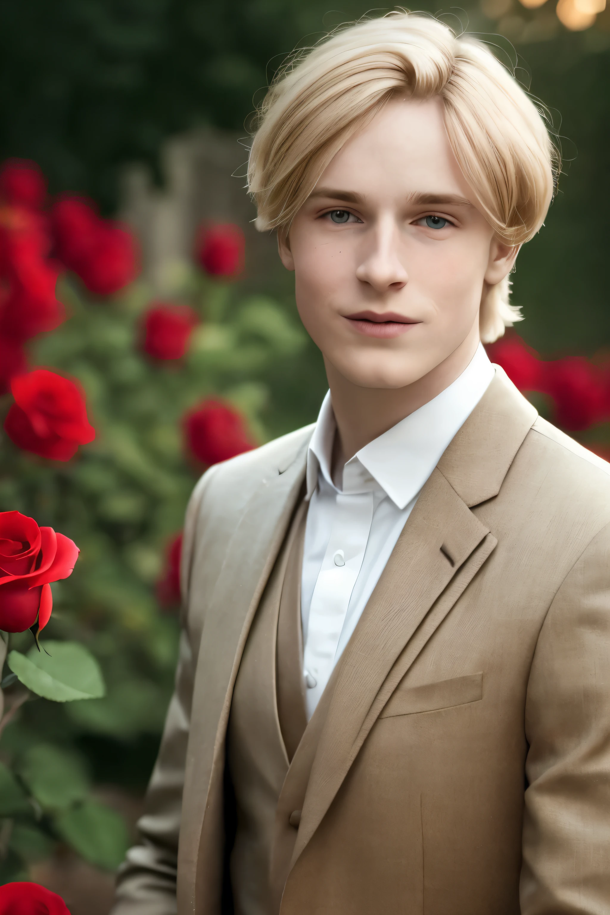 a young man, golden blonde hair, Valentines suit with rose, whole body, in castle, masterpiece, realistic, 8k, detailed, in a garden, highly detailed face, f2.8,denoise, dof, blur background,hogwarts Legacy, ravenclaw, 16 years old, male, smiling, portrait, half body, realistic photo, victorian 