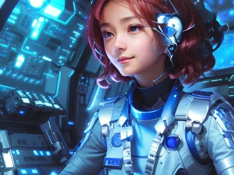 Arafe woman in a futuristic suit sitting in front of a computer, portrait anime space cadet girl, Inspired by Ren Mei, portrait ...