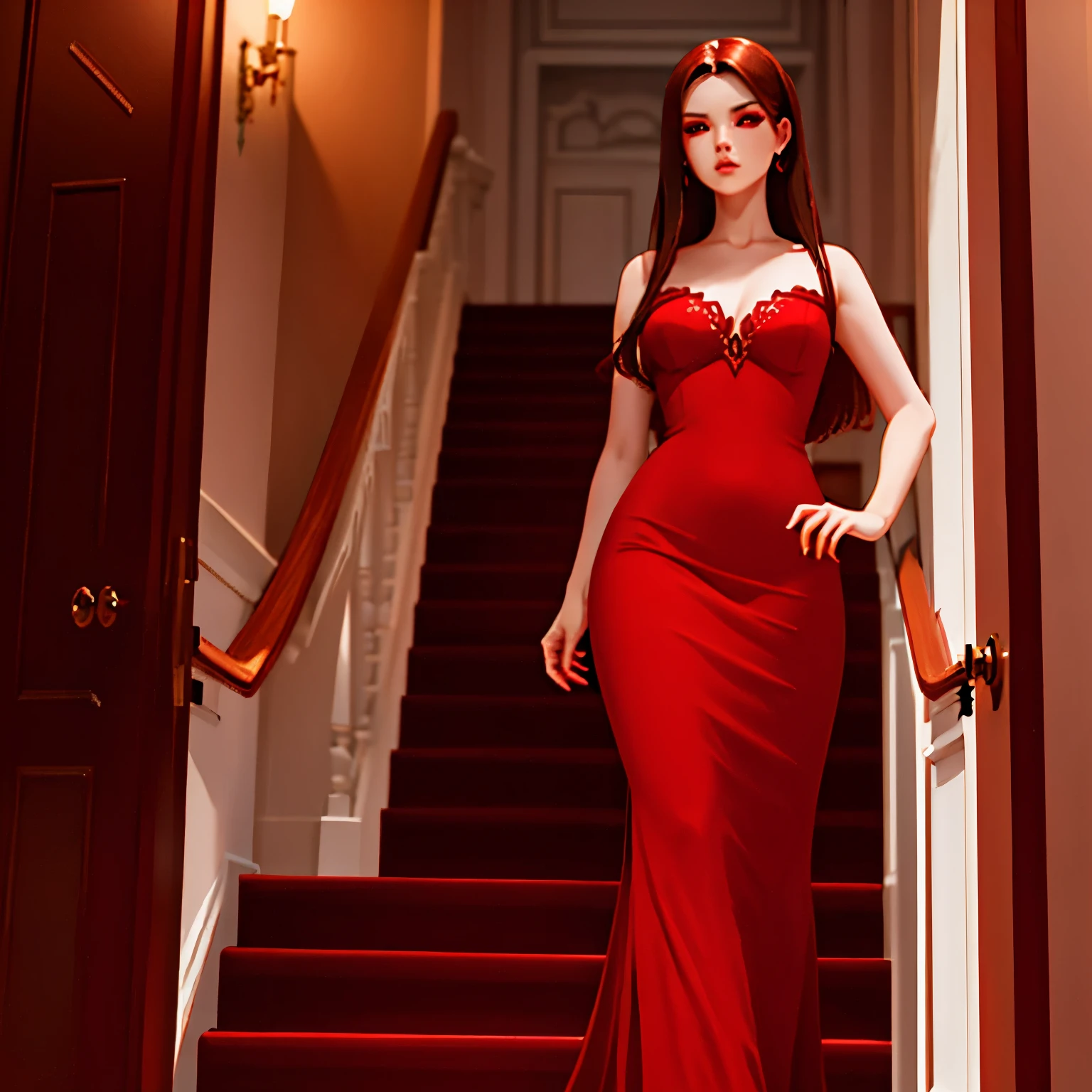 Best quality, high quality, high resolution, porcelain skin, ruby red dress, walking down stairs in a mansion, black sclera, red eyes, fiery eyes, long hair, brunette