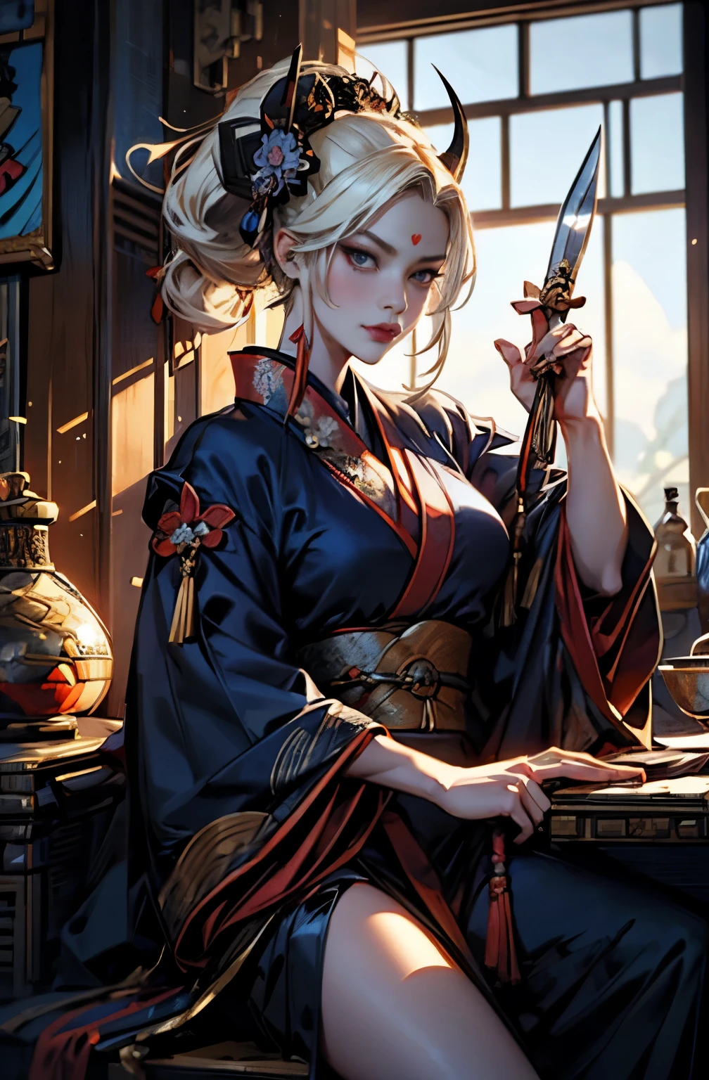 beautiful female samurai painting, 太knifeを持った鬼の女, dice game, Suronin, Shura Road, A skilled female swordsman, Dice throw, Japanese peony enthusiast, wanderer, knife, 妖knife, knife, 長いknife, 赤いknife, strong female samurai, ２book corner, mouth with fangs, Eyes without pupils, gambling, Hyakka Ryōran, Flower of Shura, platinum blonde demon, Beautiful red kimono, Female Yakuza, Doji Ibaraki, Shuten Douji, Inspired by Chen Yifei, Inspired by Francesco Hayez, Inspired by Hendrik Terbruggen, Jean＝Works that influenced Auguste Dominique Ingres, Inspired by Liu Jun, Jean＝Works that influenced Auguste Dominique Ingres, highest quality, perfect angle, perfect composition, The perfect subject, best shot, official art, cinematic light, figurative art, Beautiful and expressive paintings, Beautiful artwork illustration, wonderful, cool beauty, clear, Mysterious, highest quality, official art, perfect composition, perfect angle, best shot, women only, sharp outline, pretty much beautiful face, The demon lurking in the darkness of Kyoto, Lord of Chimi-Mourou, A ruthless demon woman, demon queen, Female Yakuza, full body tattoo, Danbilla, 妖knife, wide, Rashomon