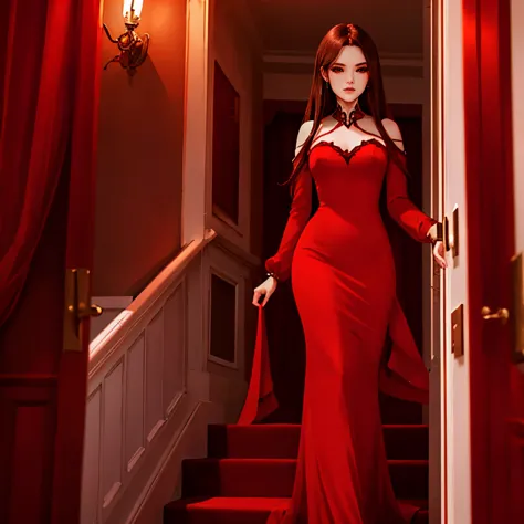 Best quality, high quality, high resolution, porcelain skin, ruby red dress, walking down stairs in a mansion, black sclera, red...
