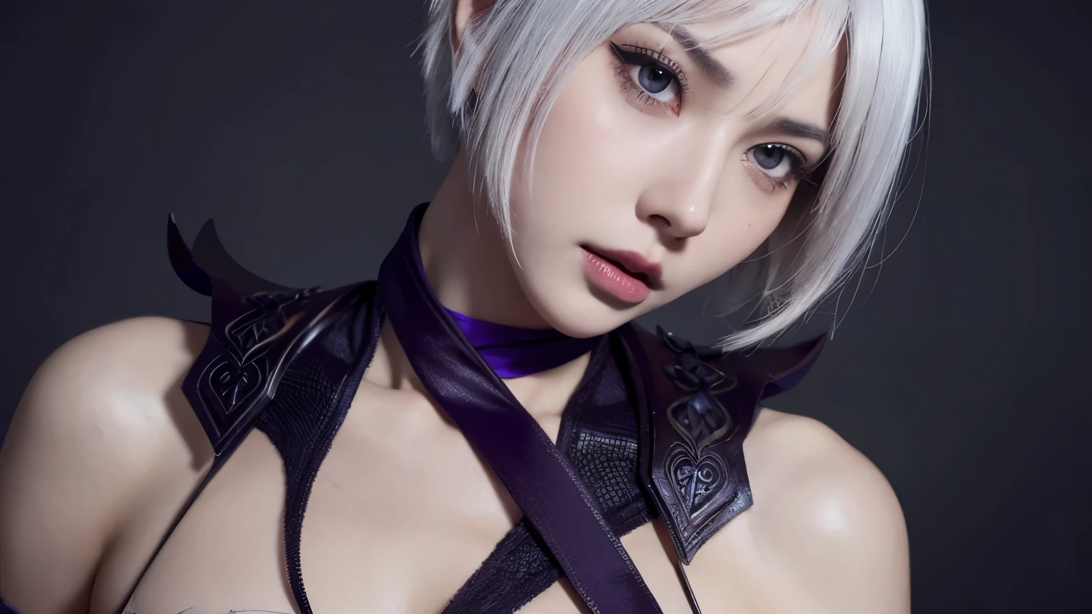 A close up of a woman with a white hair and a purple tie - SeaArt AI