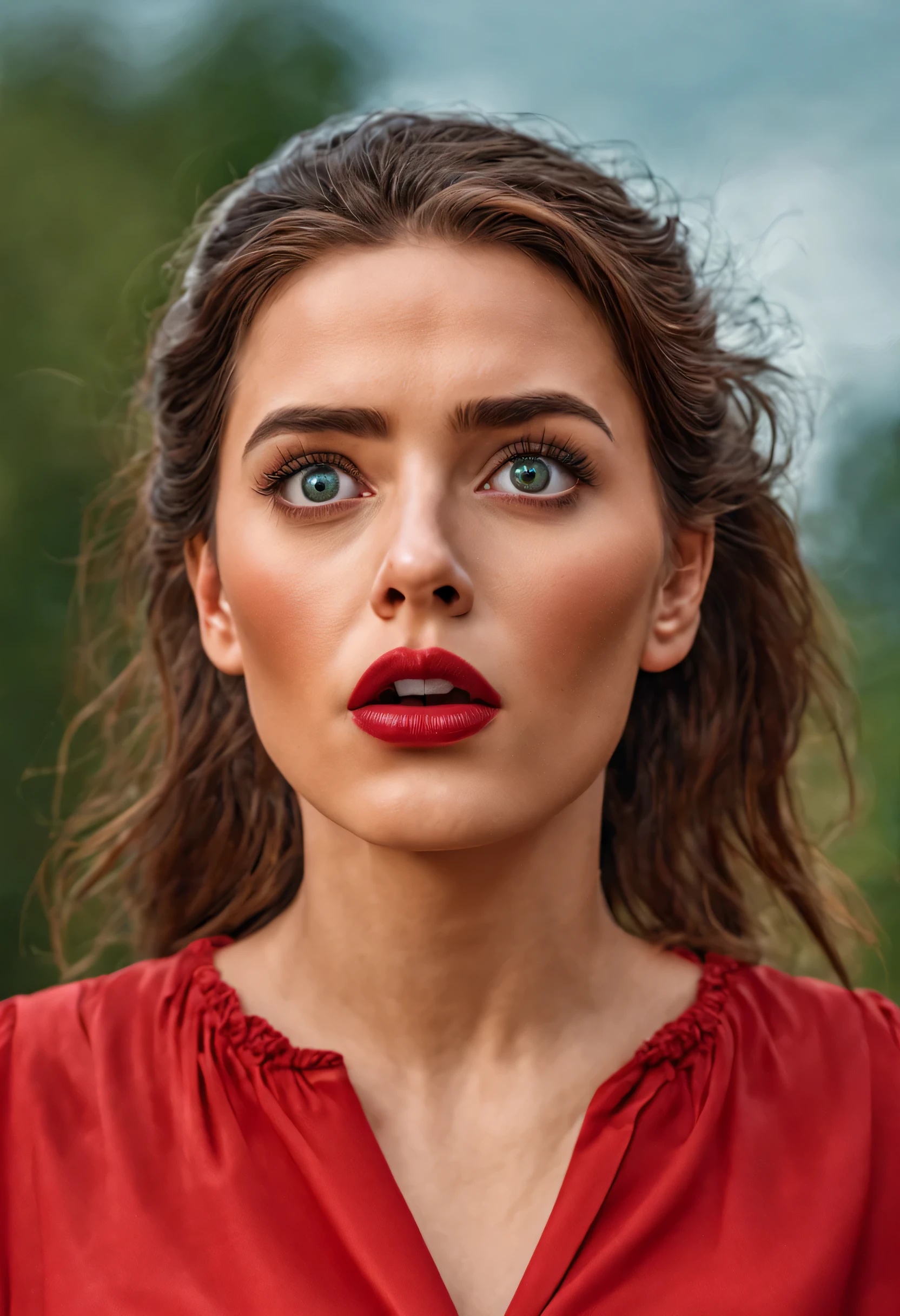 meilleure qualité,ultra détaillé,portrait,réaliste,(HDR,HD),beau visage détaillé,yeux et lèvres incroyablement détaillés,chemisier rouge,Femme,Expression étonnée,effrayé,regardant le ciel,Couverture du film